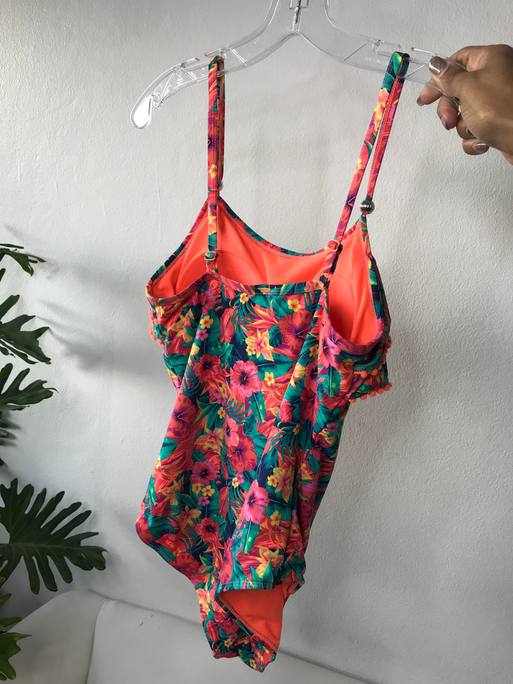 Unworn One Piece Swim Suit Tropical Pom Pom - M