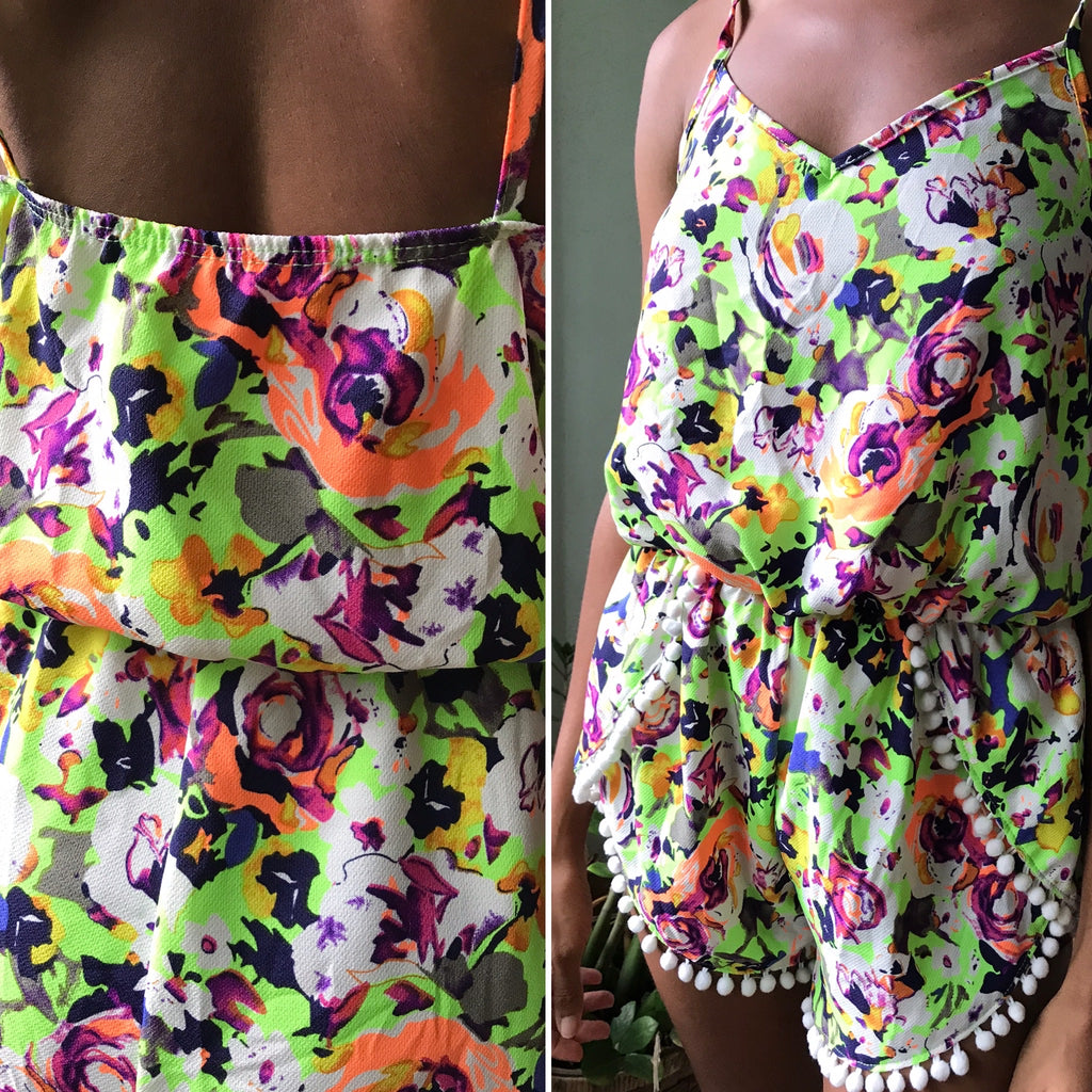 New Neon Print Pom Pom Romper