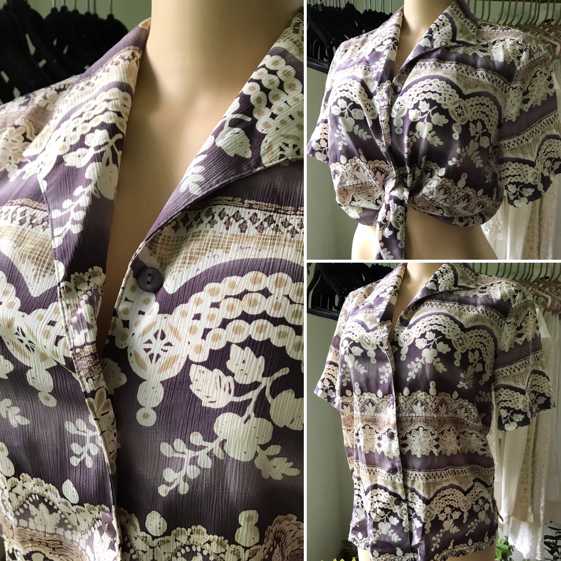 60s Vintage Purple Pattern Button Down Blouse
