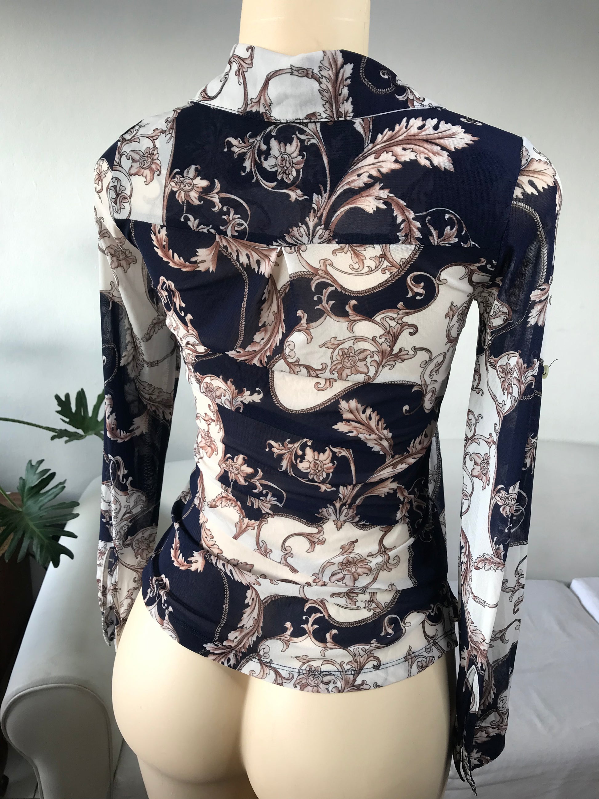 Navy Ornate Button Blouse Mesh - S/M