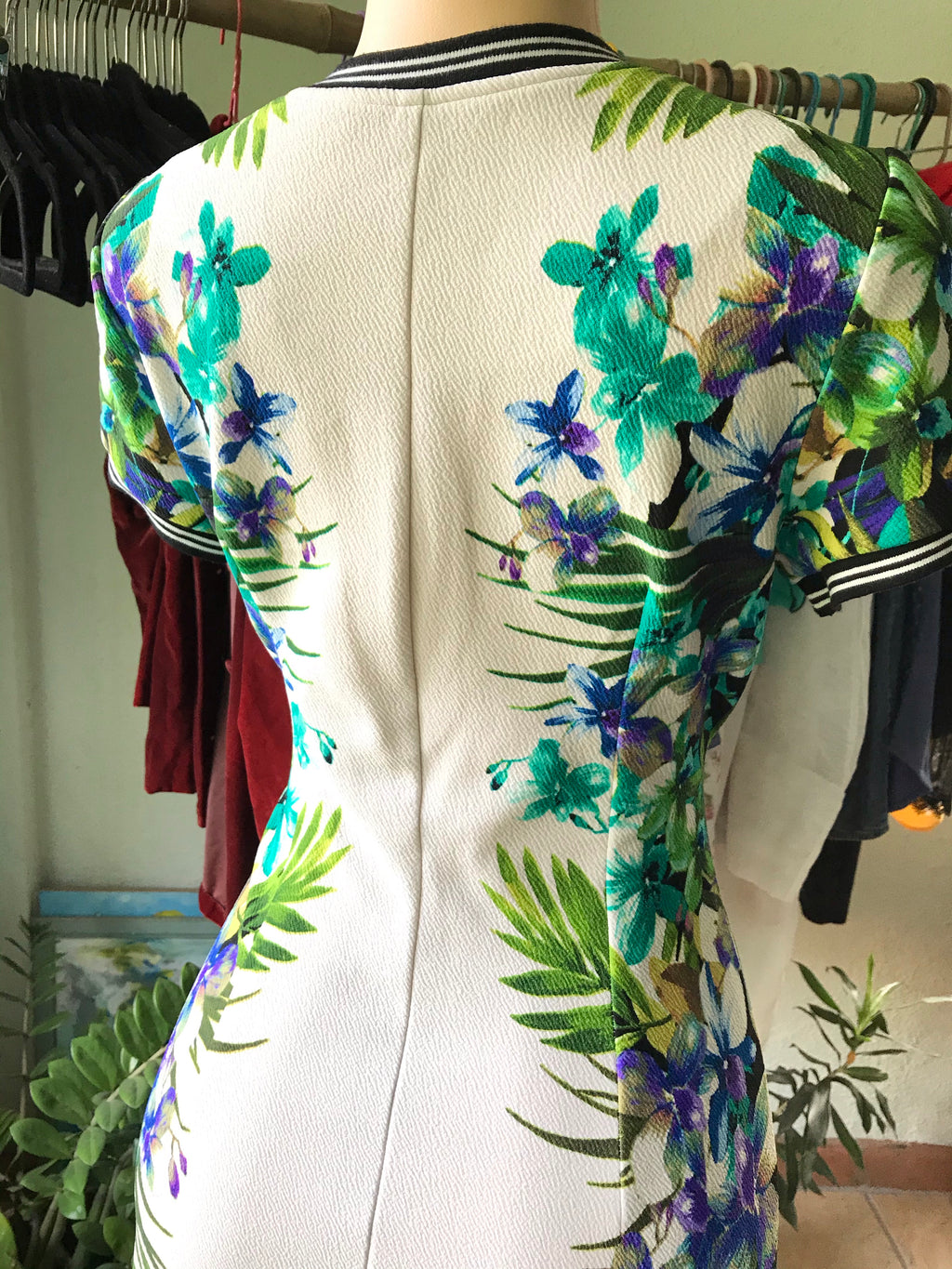 White Tropical Floral Cuffed Dress