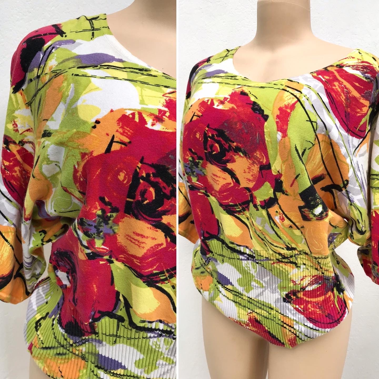 Vintage Bold Floral Knit Blouse Abstract