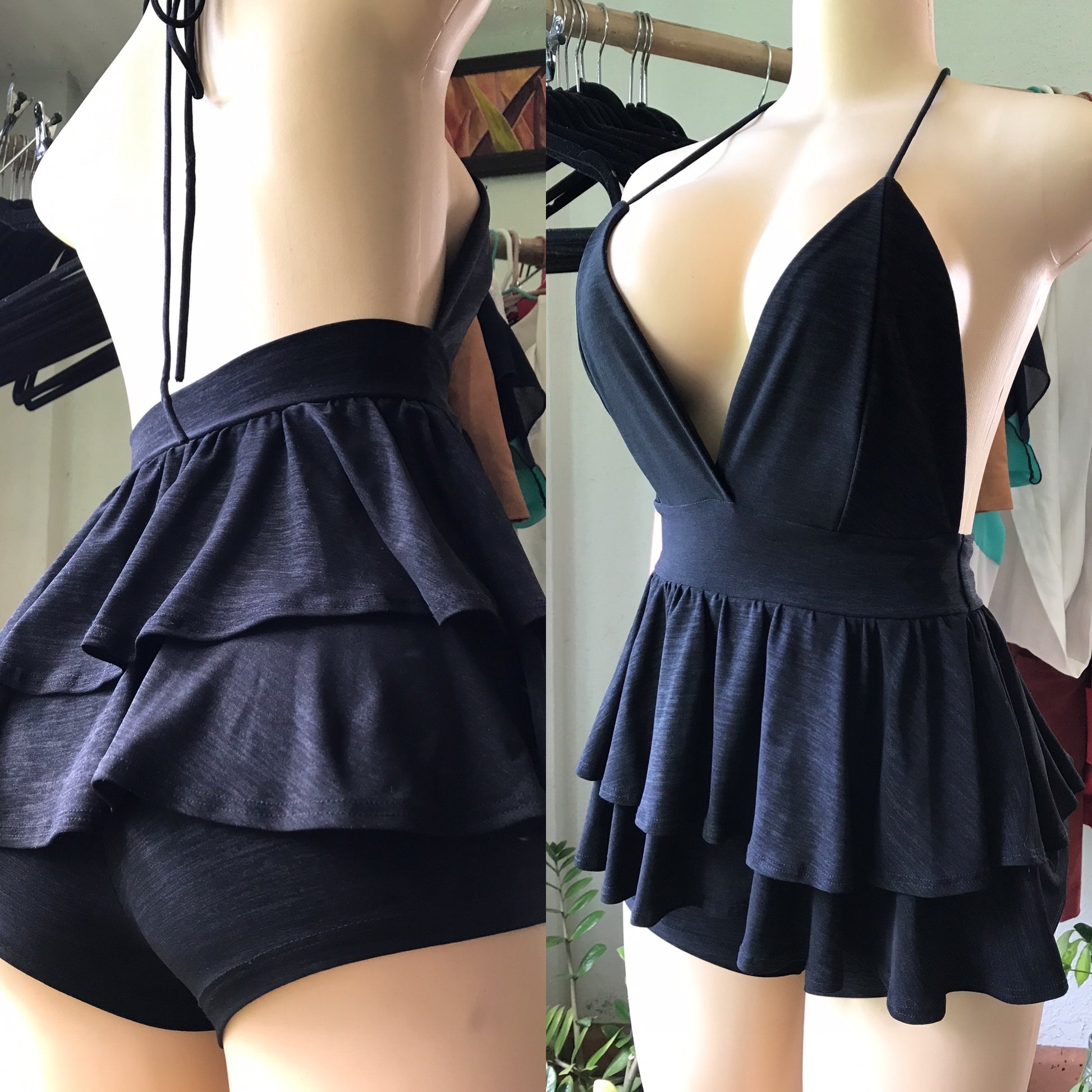 Black Booty Shorts Ruffle Bodysuit / Romper