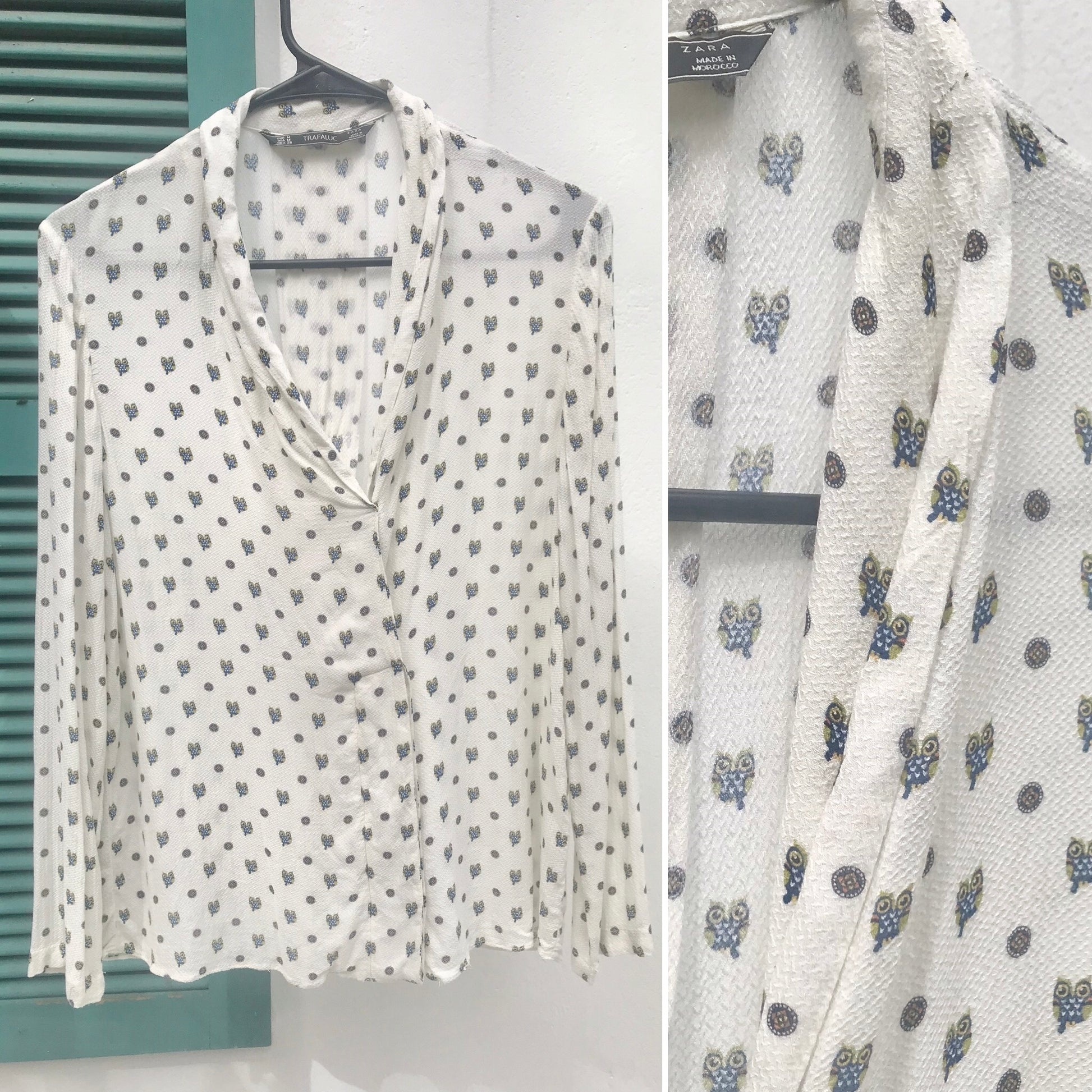 90s Zara White Long Sleeve Blouse Print