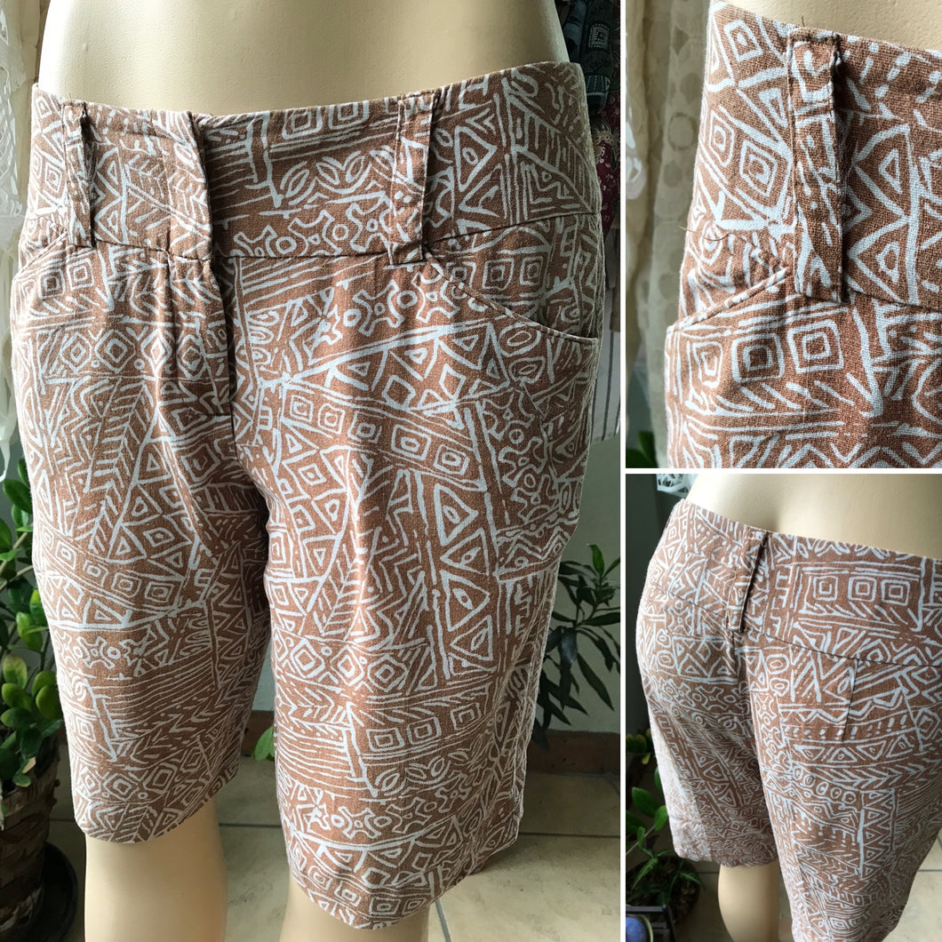 Vintage Linen Tribal Print Brown Shorts