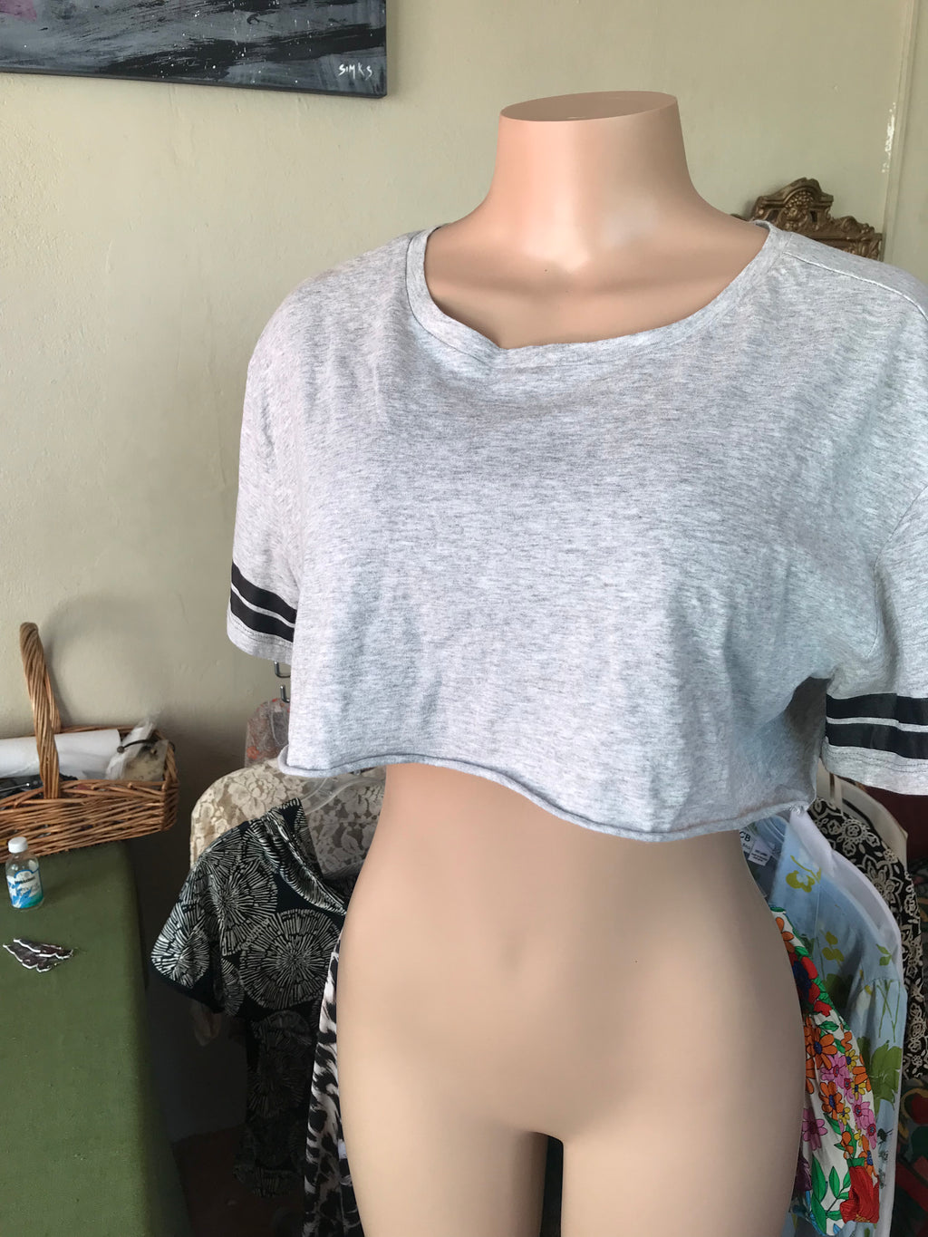 New Tag Grey Cropped Baseball Tee - L