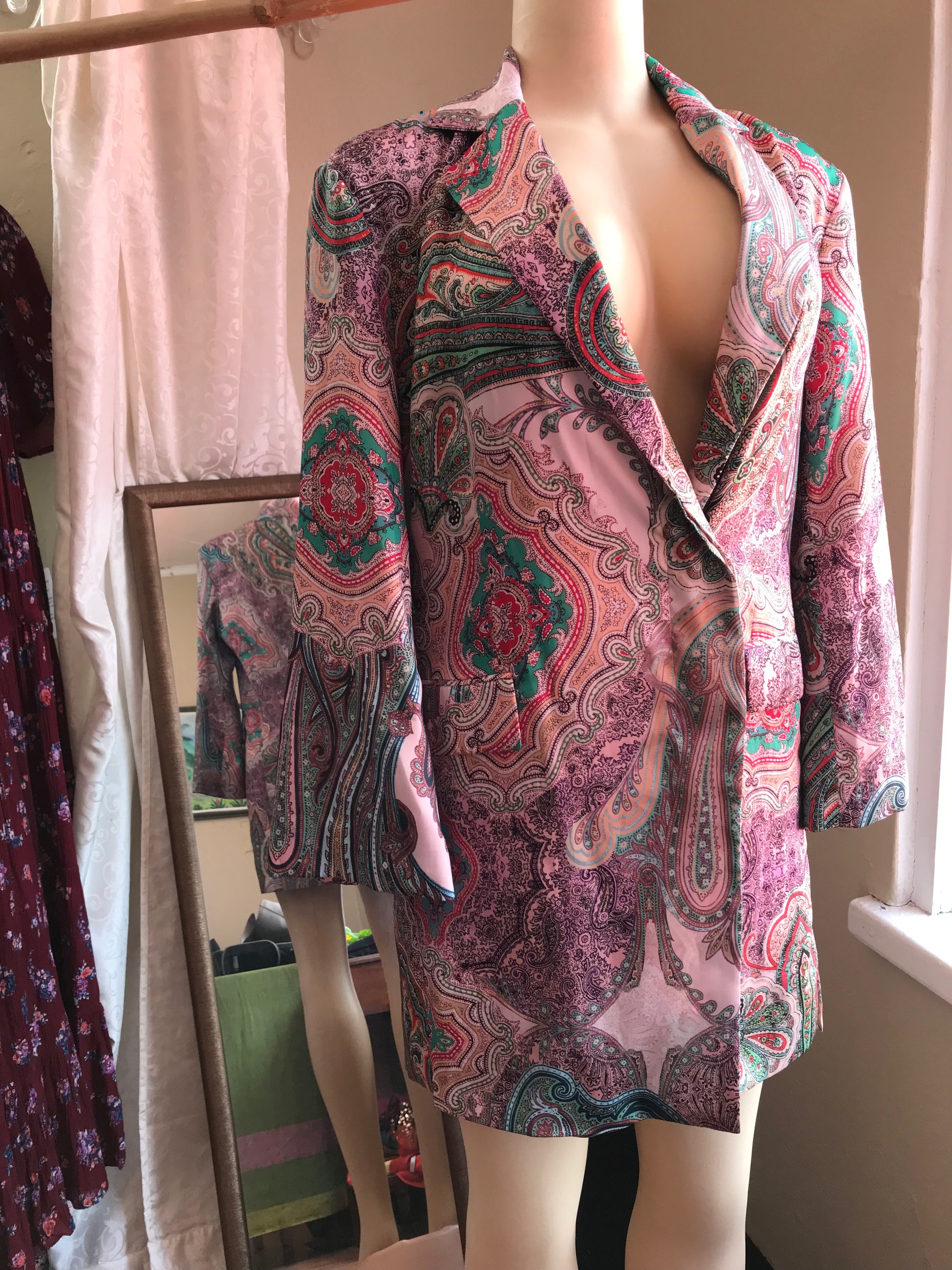 Zara Silky Coat Dress Pink Paisley - M