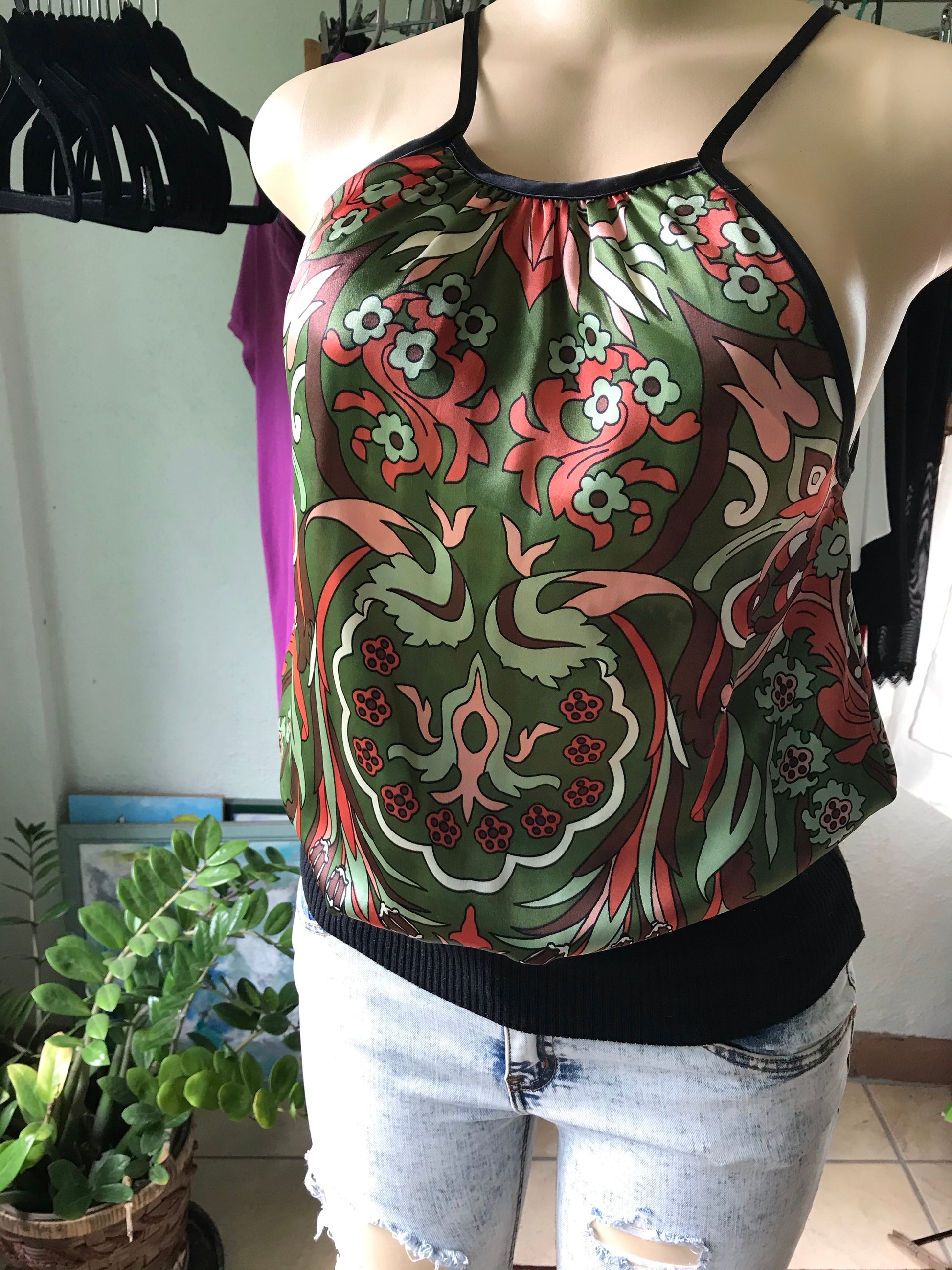 Silky Green Halter Top Black Band