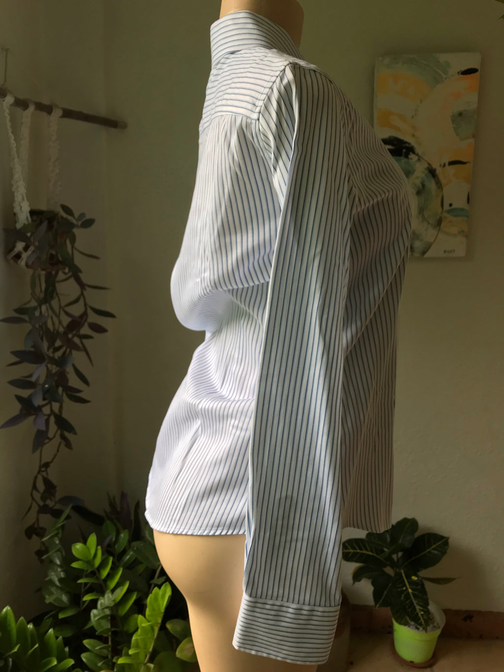 Blue Stripe Office Blouse Stretch Non Iron