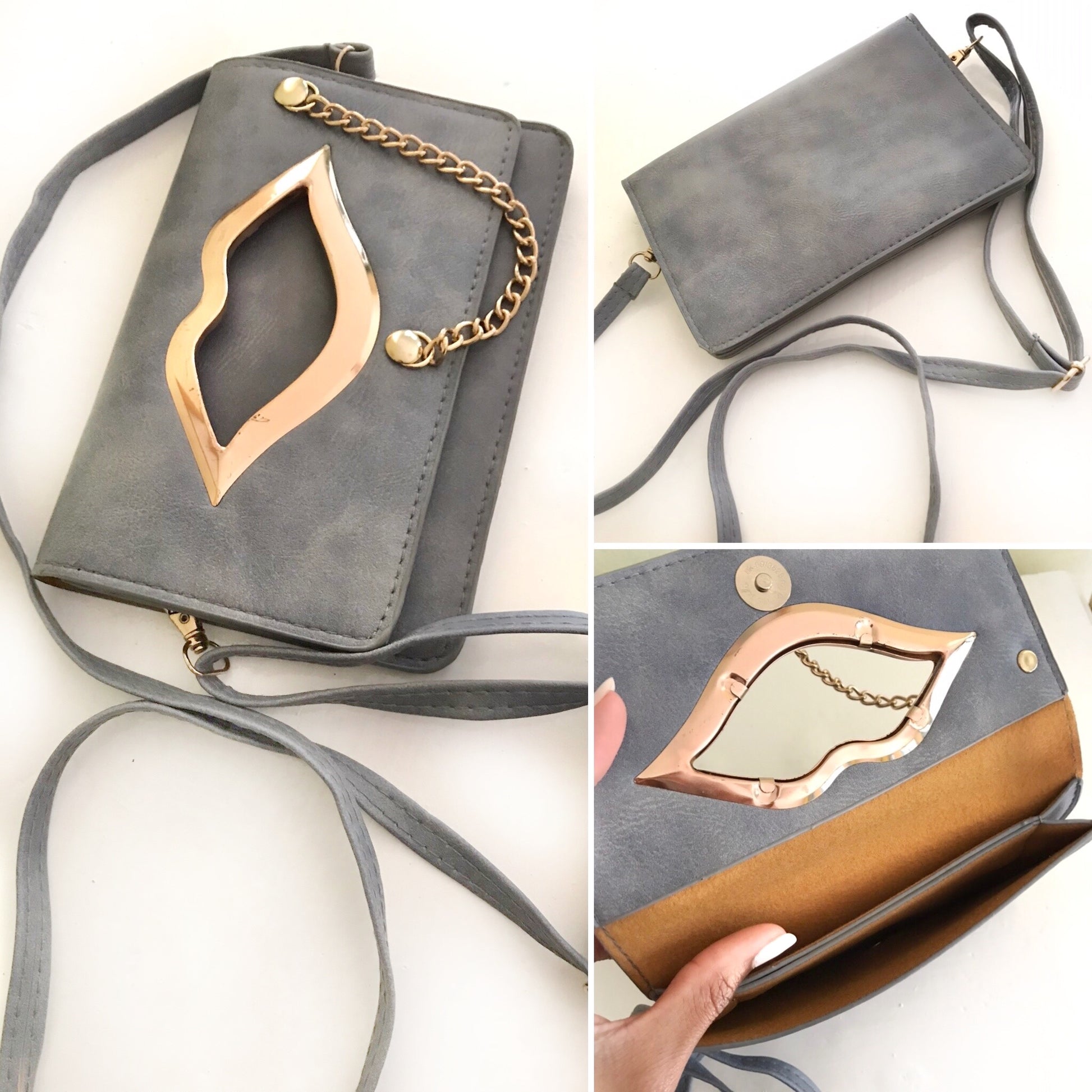 Grey Leatherette Lip Crossbody Bag