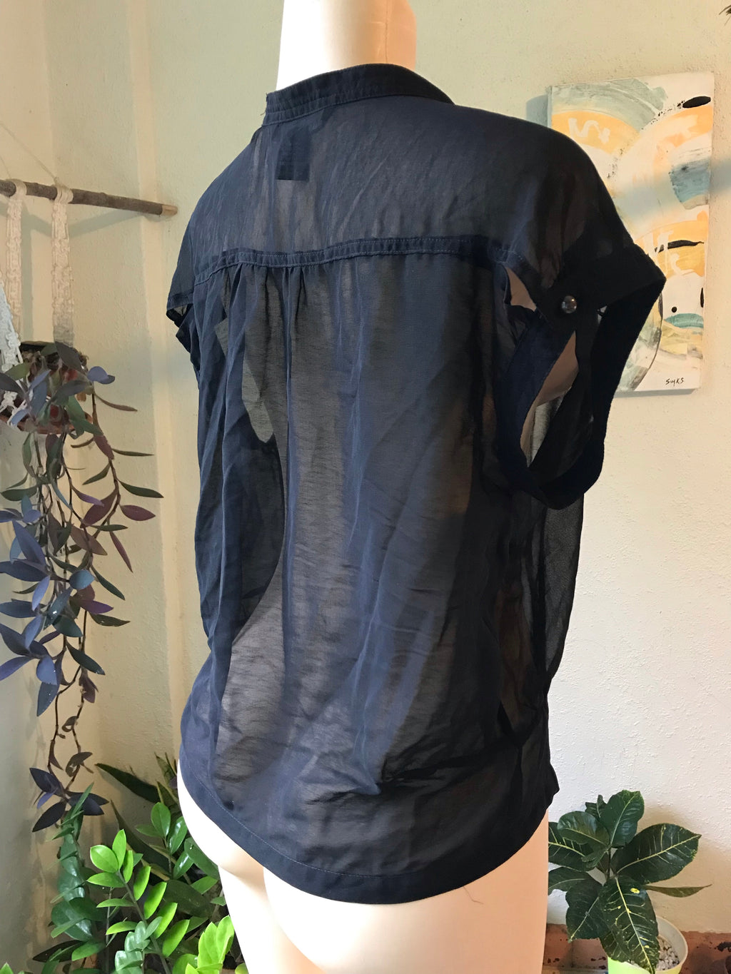 Sheer Black Button Down Blouse Cuffed