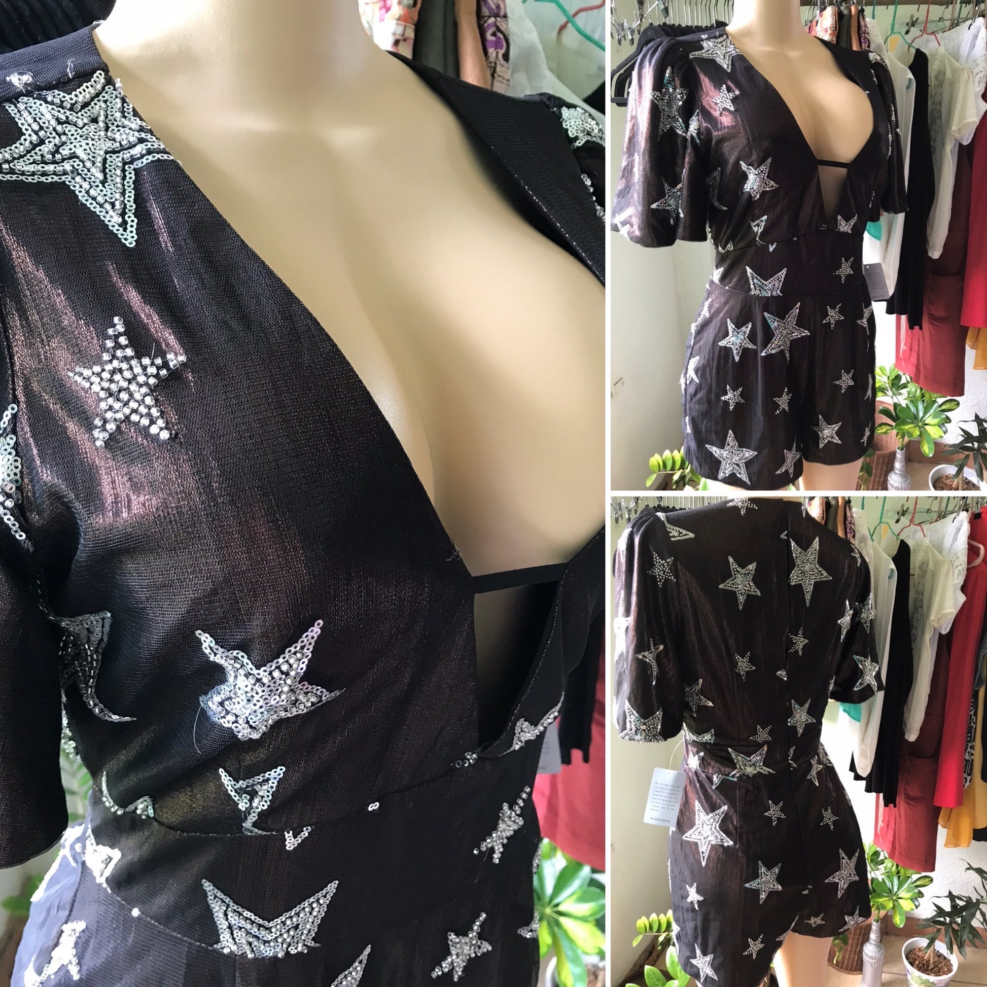 New Super Girl Birthday Brown Sheen Romper with Beaded Sequin Star Detail •••