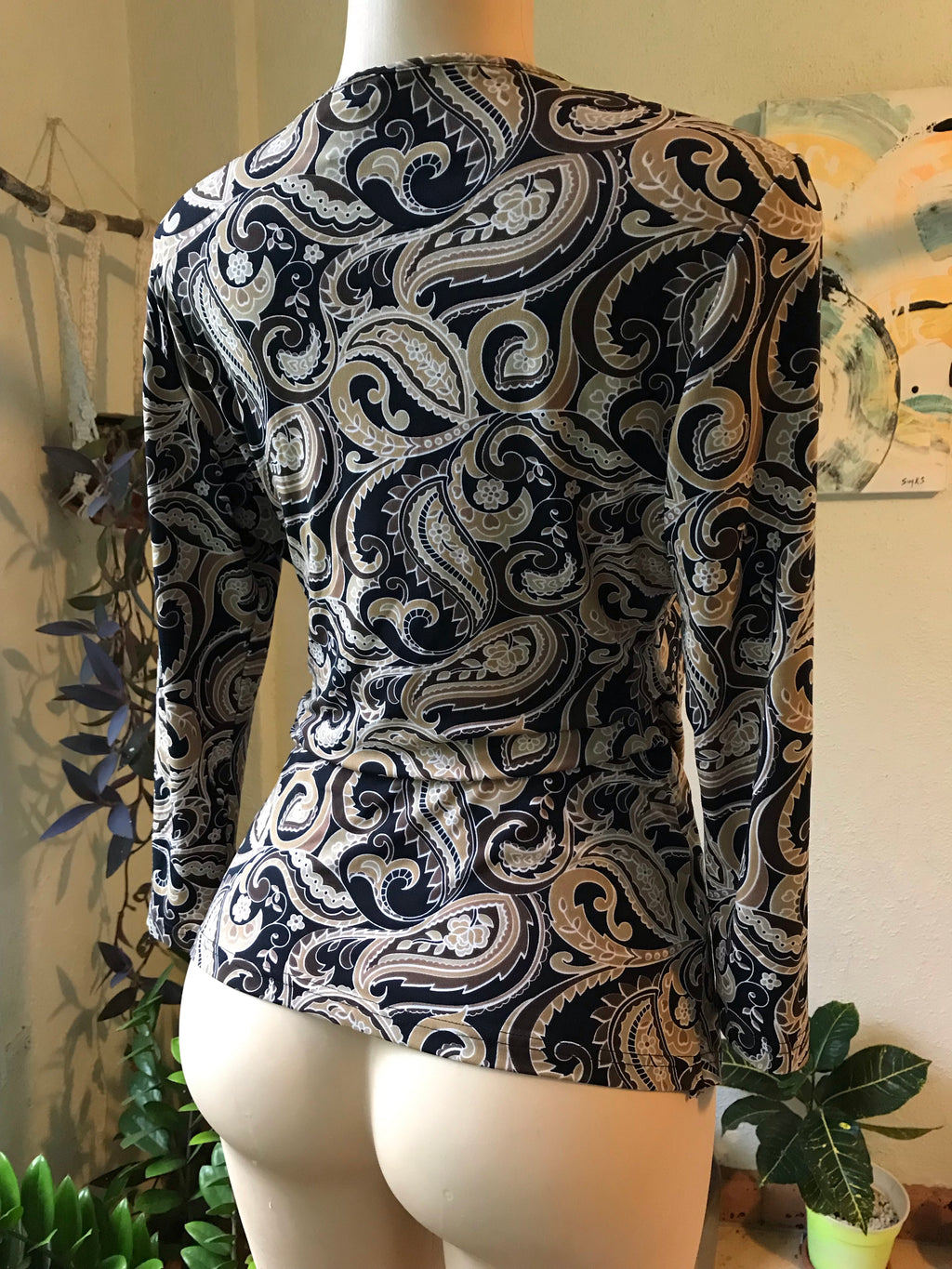 Retro Stretchy Brown Paisley Wrap Style Blouse