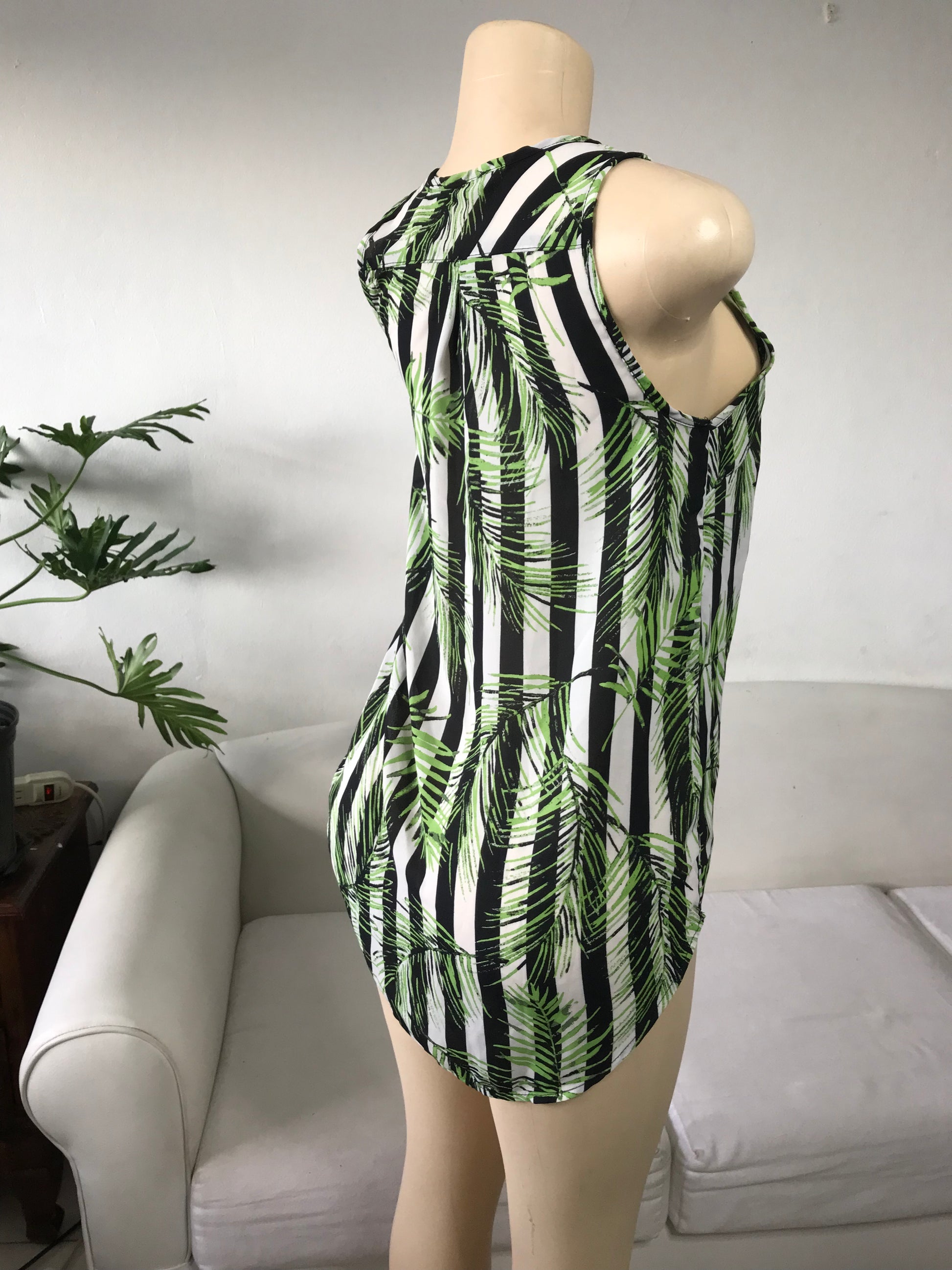 B&W Stripe Sheer Sleeveless Zip Blouse Palm - S/M