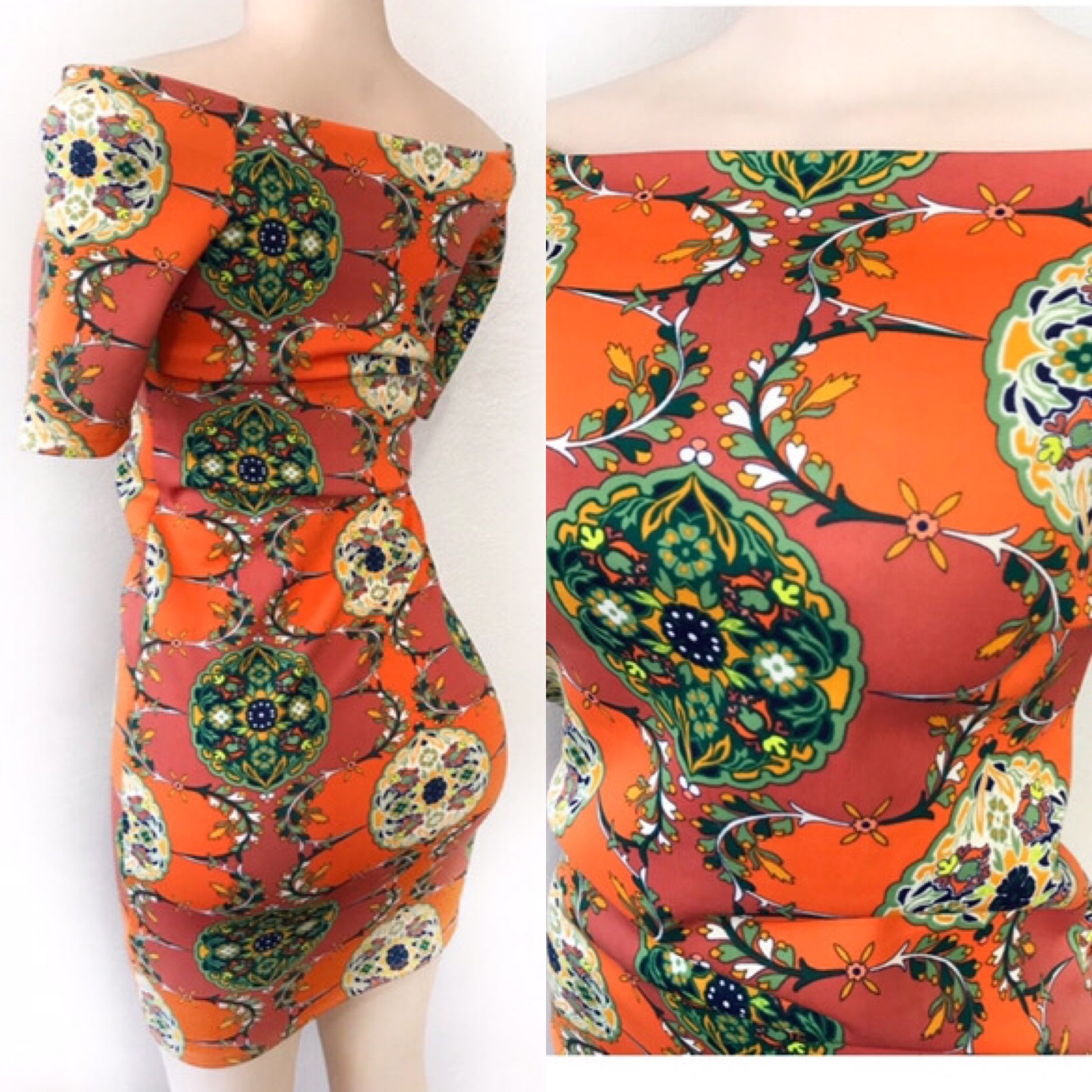 Orange Print Off The Shoulder Bodycon Dress
