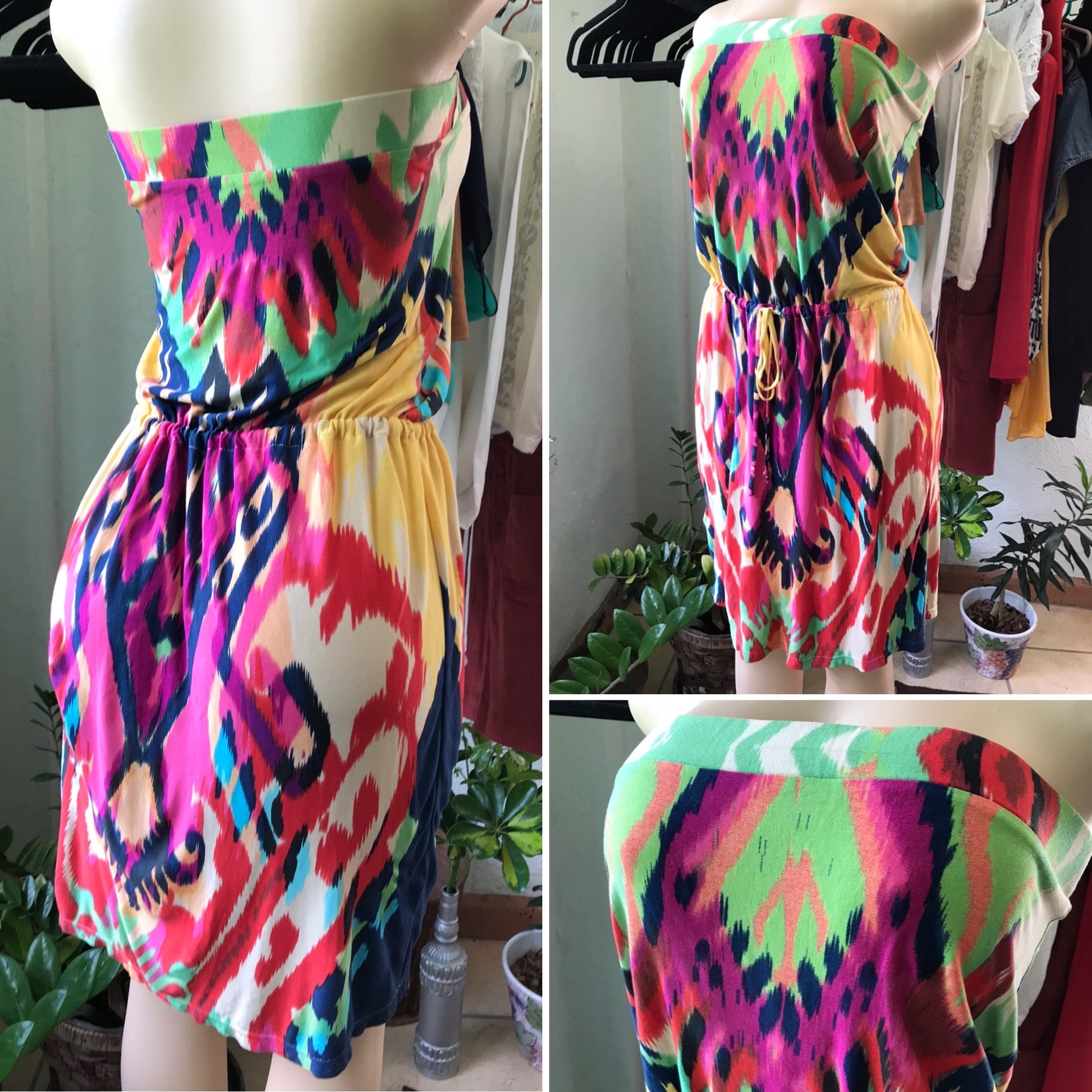 New Soft Multicolour Strapless Draw String Dress UK