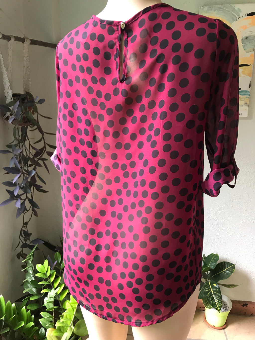 Magenta Sheer Polka Keyhole Back Blouse