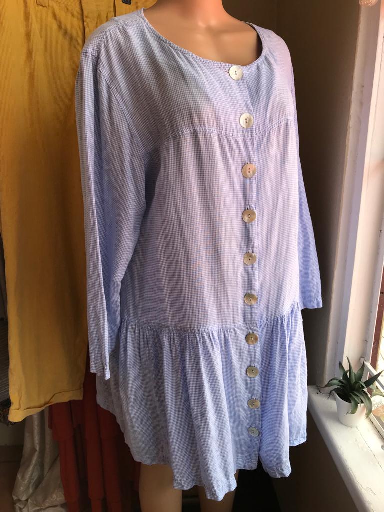 100% Linen Light Blue Plaid Dress - XL / size 16