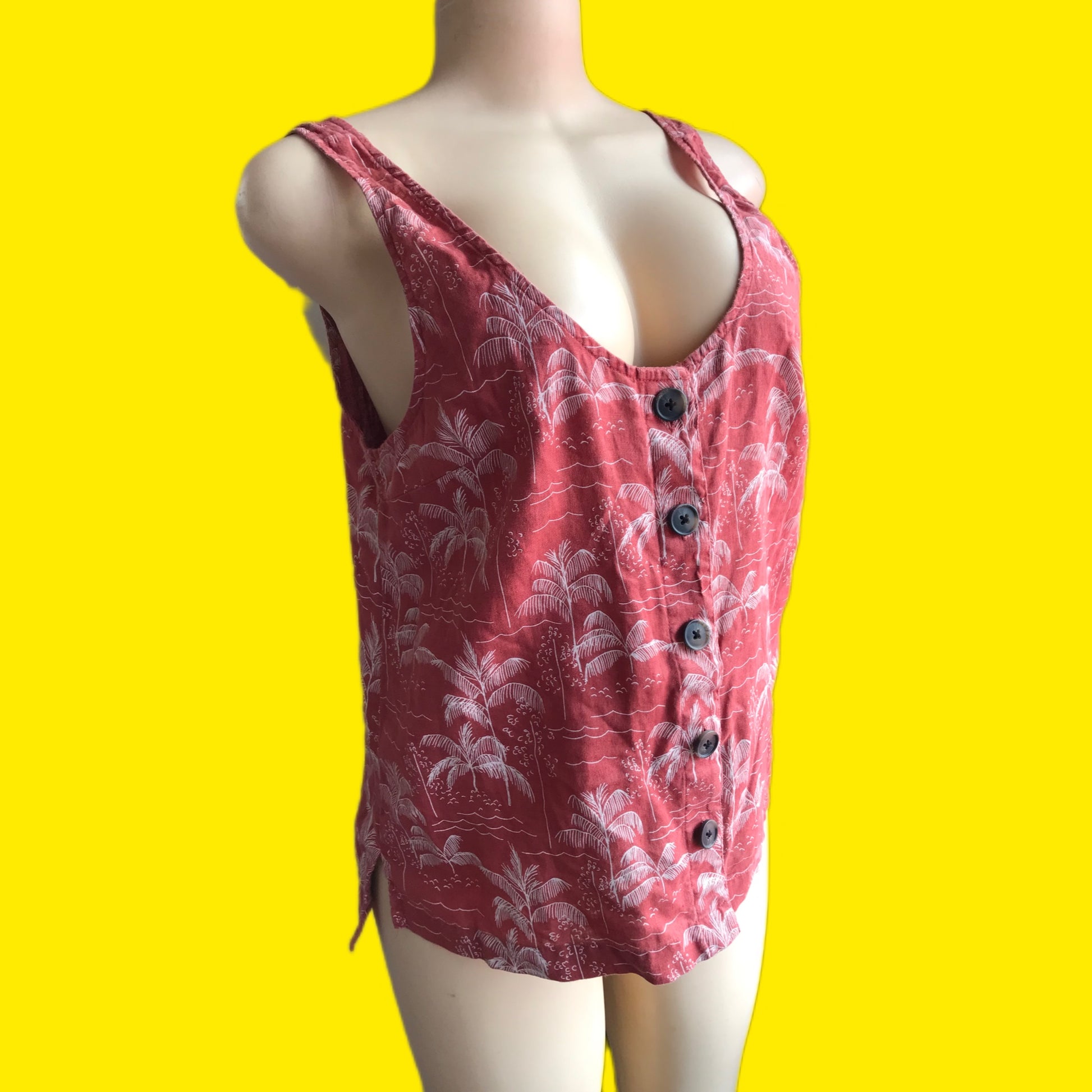 Vintage Linen Palm Print Sleeveless Blouse - M