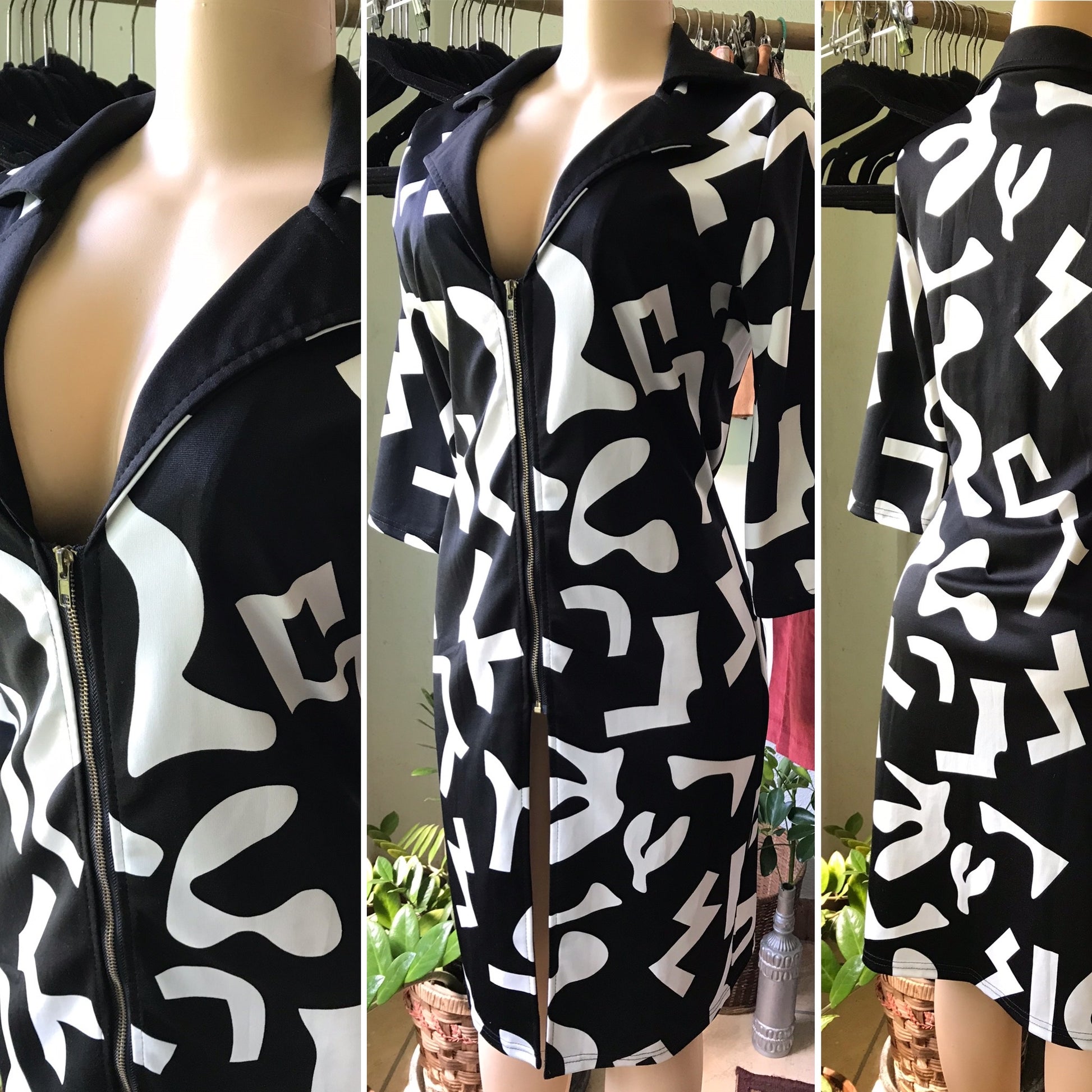 B&W Geo Print Zip Front Notched Collar Dress