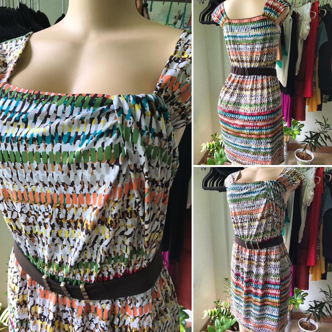 90s Vintage Multicolour Stretchy Brunch Dress with Belt