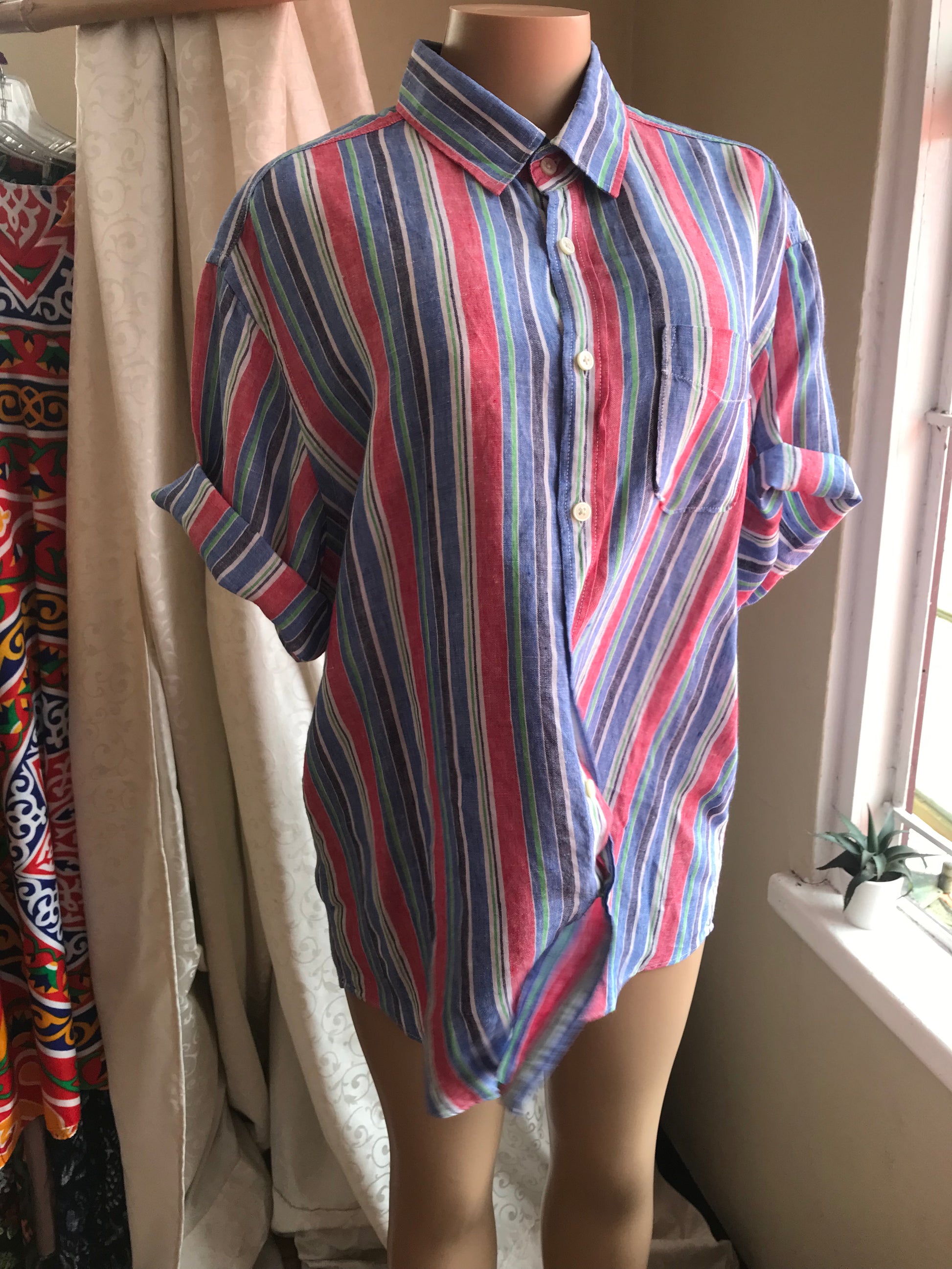 Red & Blue Men's Linen Stripe Shirt XL