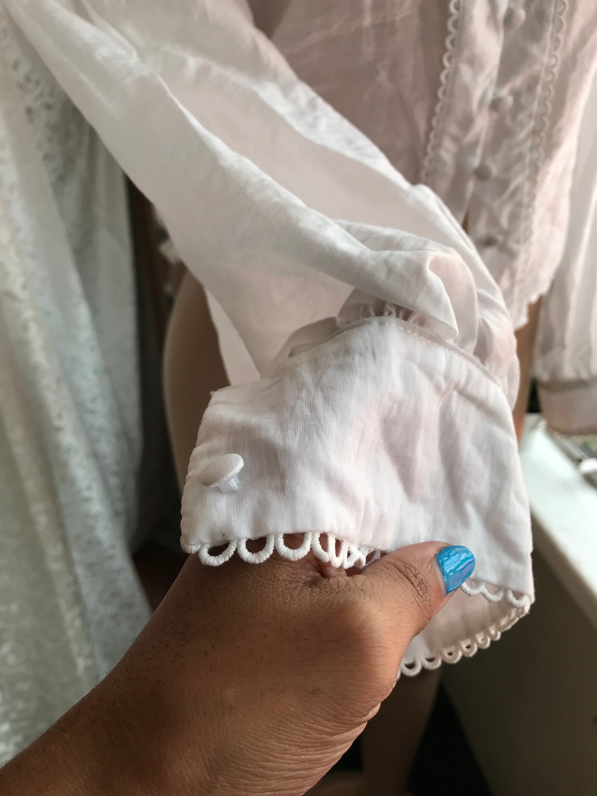 Statement White Embroidery Eyelet Blouse Cuffed Bow - S/M