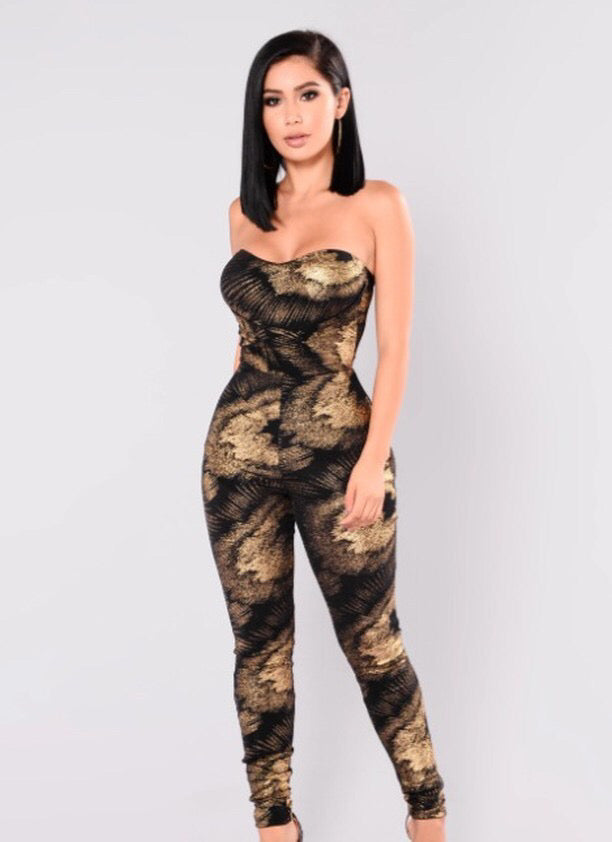 New Fashion Nova Gold Print Catsuit - L
