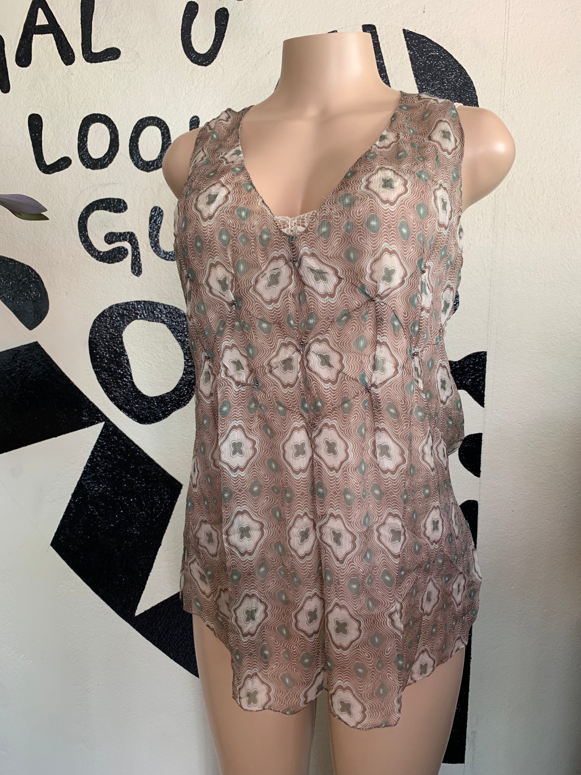 100% Silk Sheer Earth Tone Geo Print Sleeveless Top - M-L ...