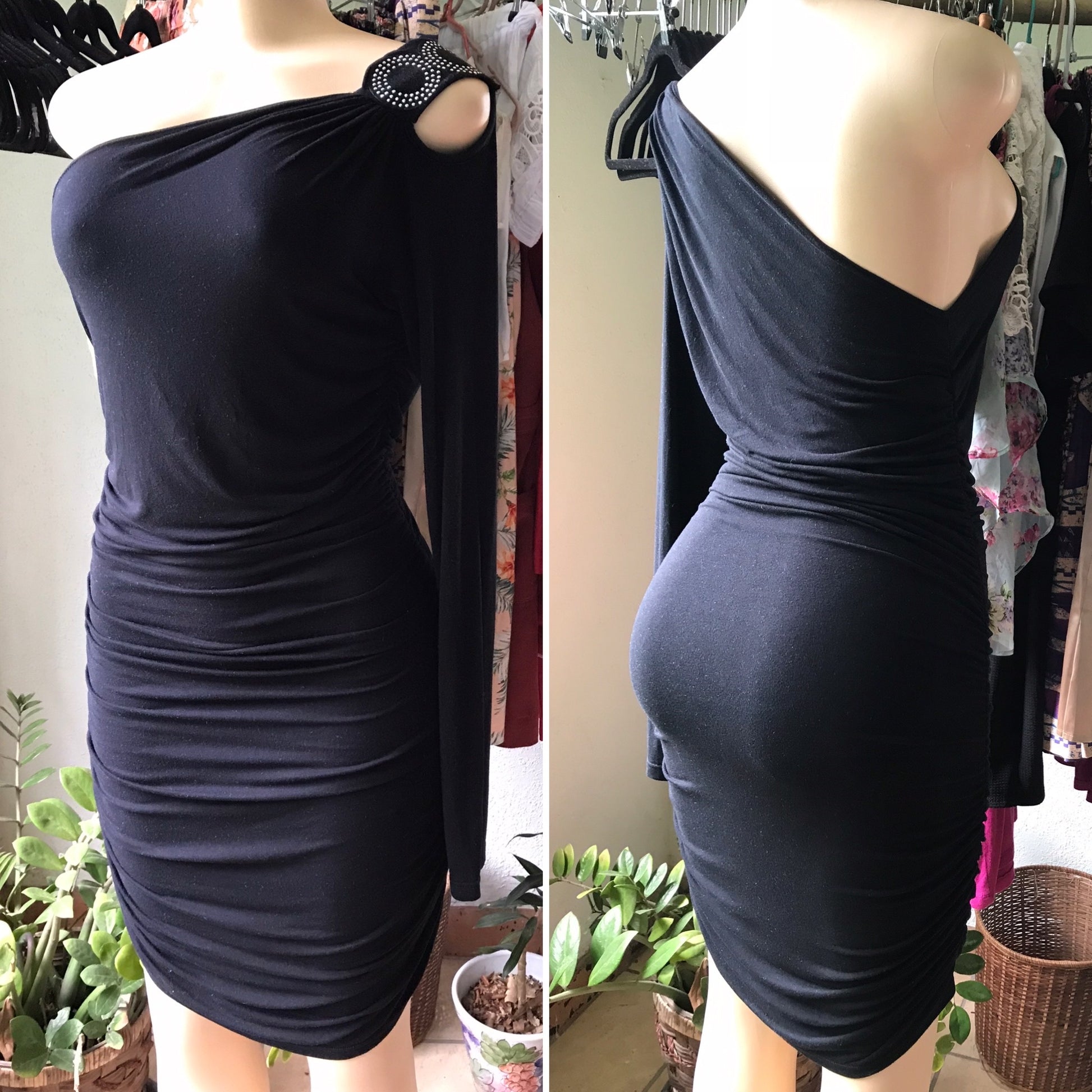 Black Bodycon Cocktail Dress One Shoulder