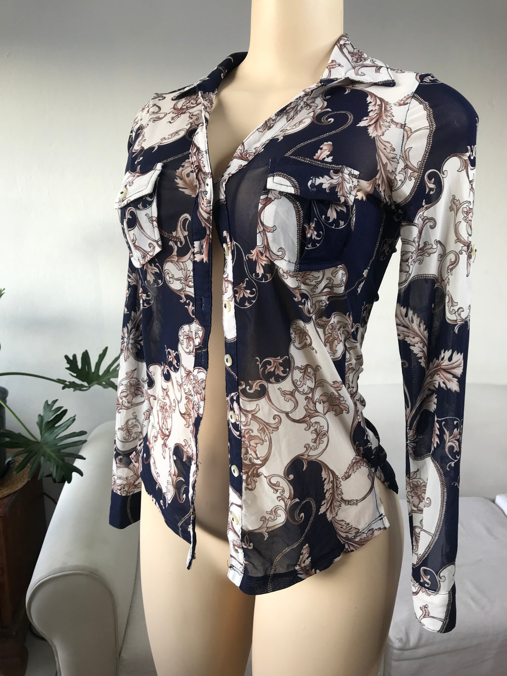 Navy Ornate Button Blouse Mesh - S/M