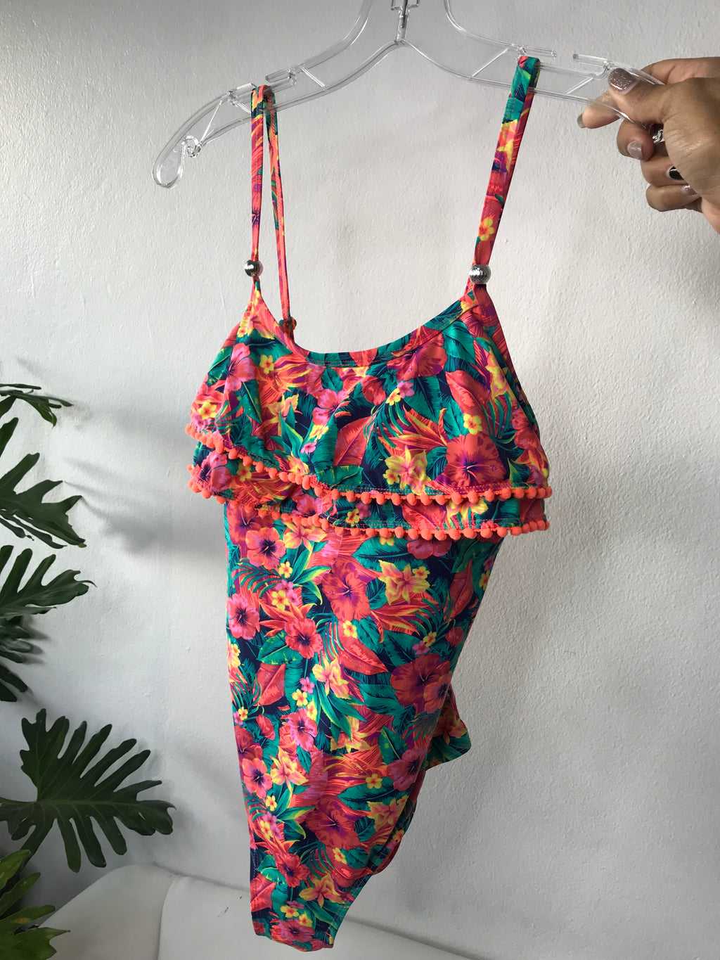 Unworn One Piece Swim Suit Tropical Pom Pom - M