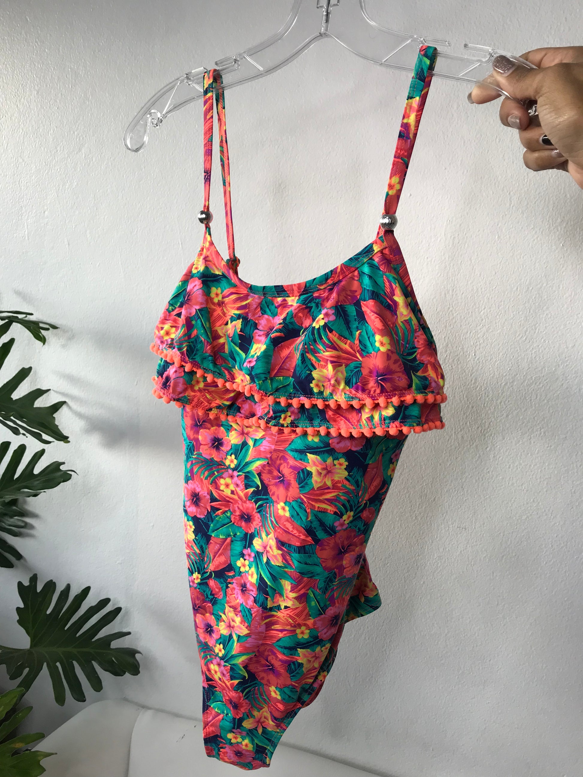 Unworn One Piece Swim Suit Tropical Pom Pom - M