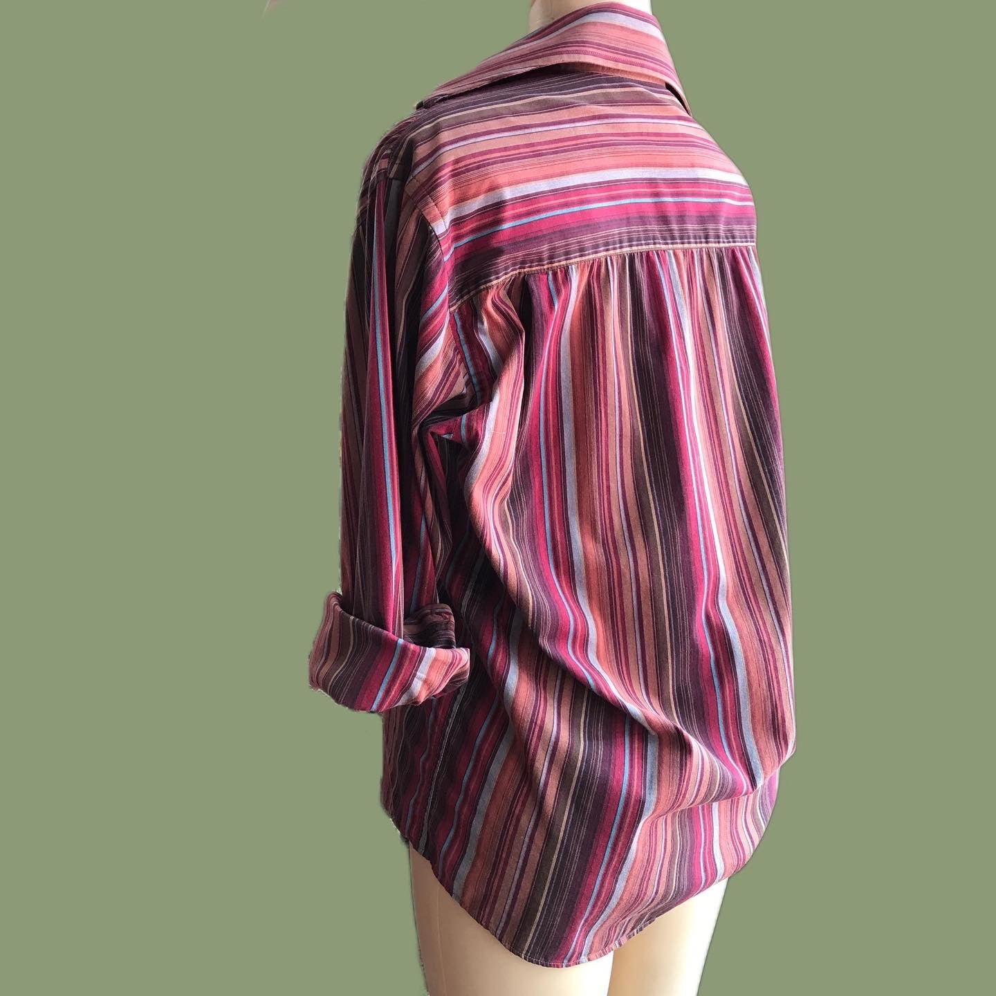 Vintage Earth Toned Button Stripe Shirt - M