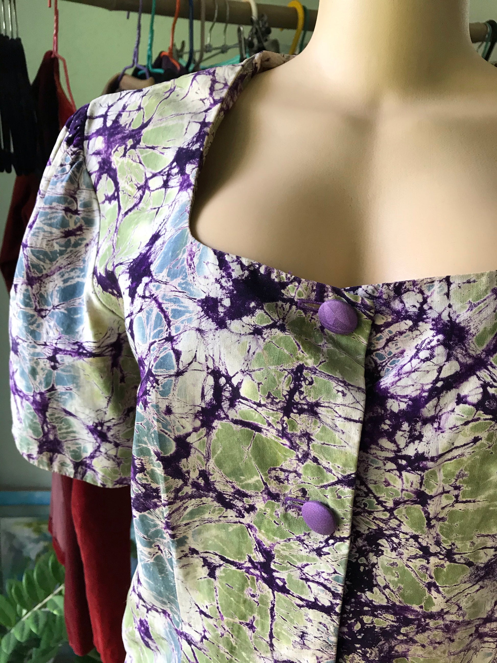 Vintage Marble Tie Die Button Down Blouse With Shoulder Pads