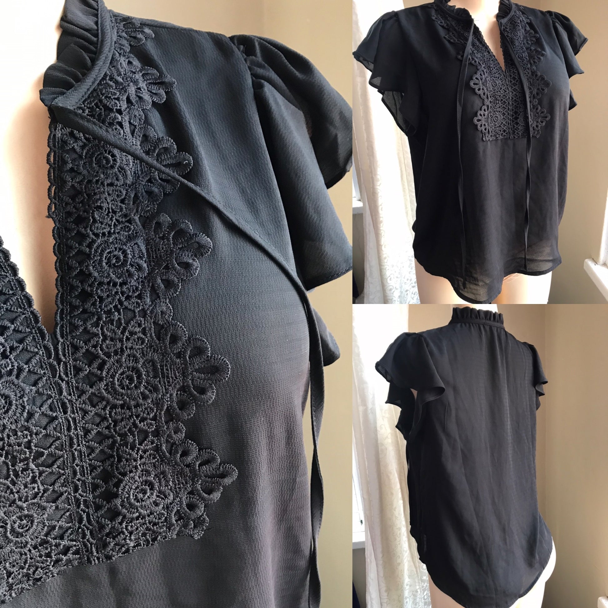 Fashion Nova Black Sheer Blouse Crochet Det Work Play
