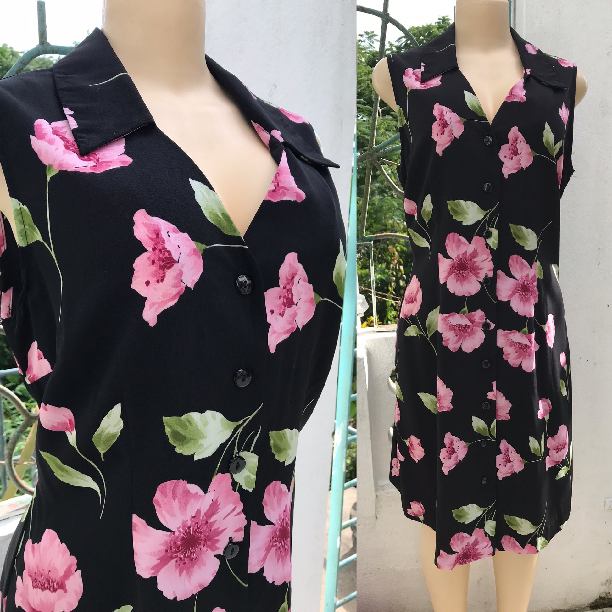 Black Flower Button Down Professional Dress - L