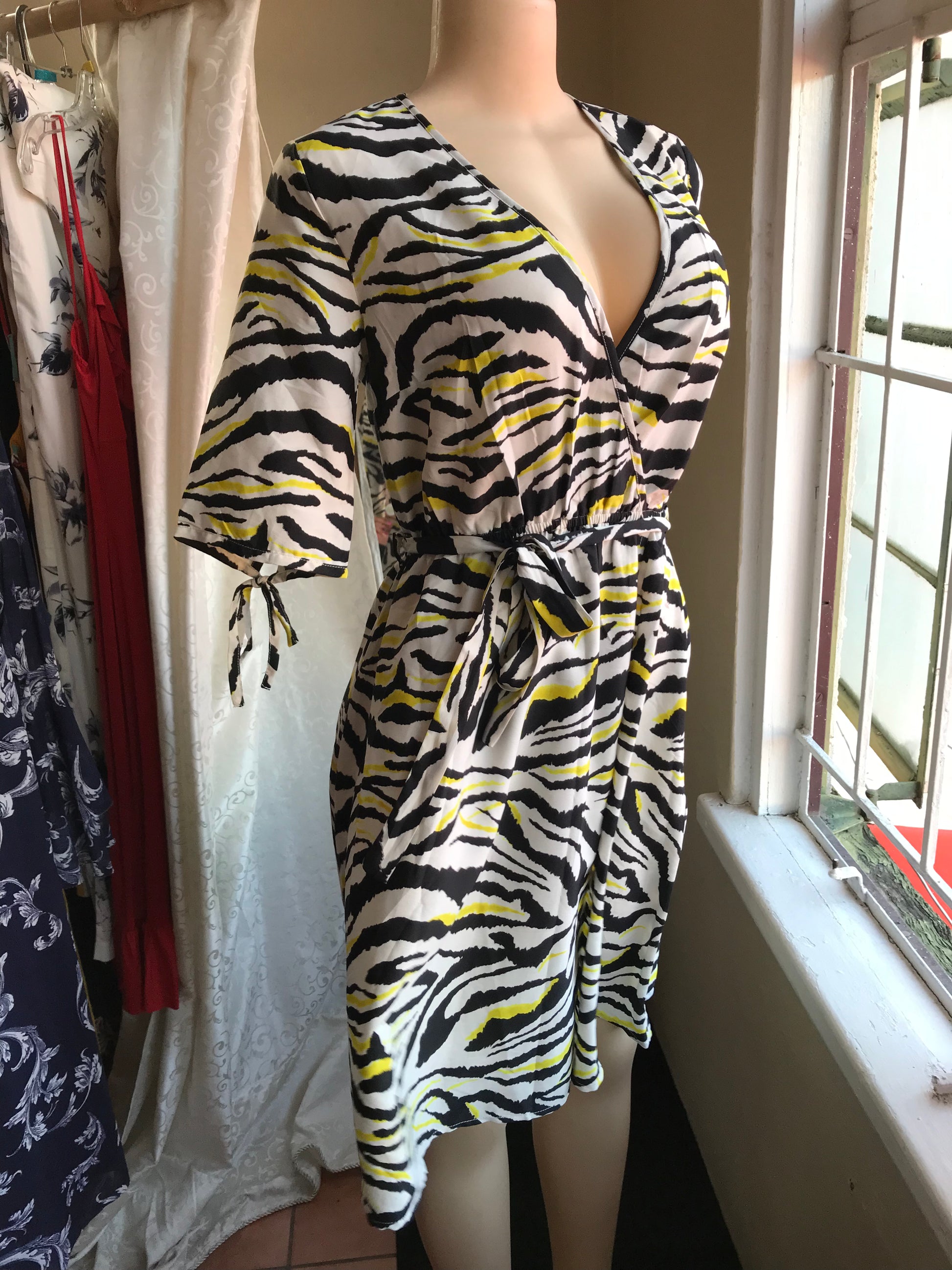 Zebra Print Summer Wrap Style Dress - M