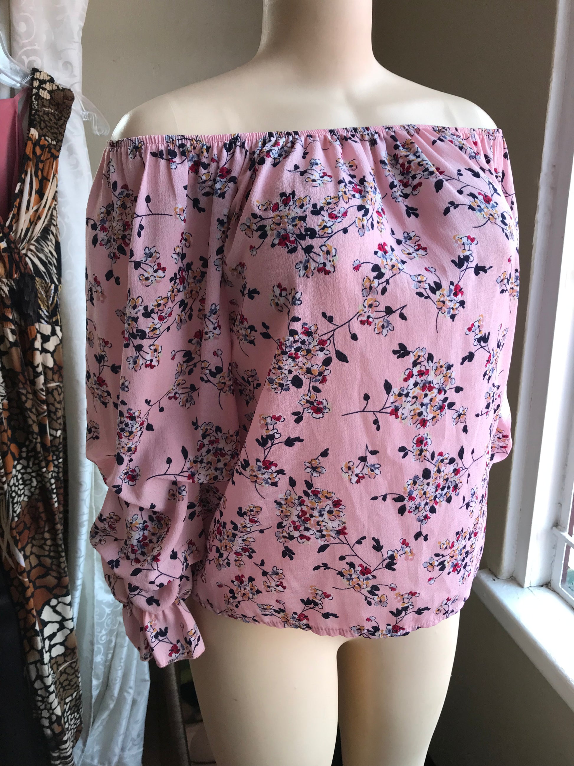 Pink Floral Off the Shoulder Blouse Ruche Sleeve