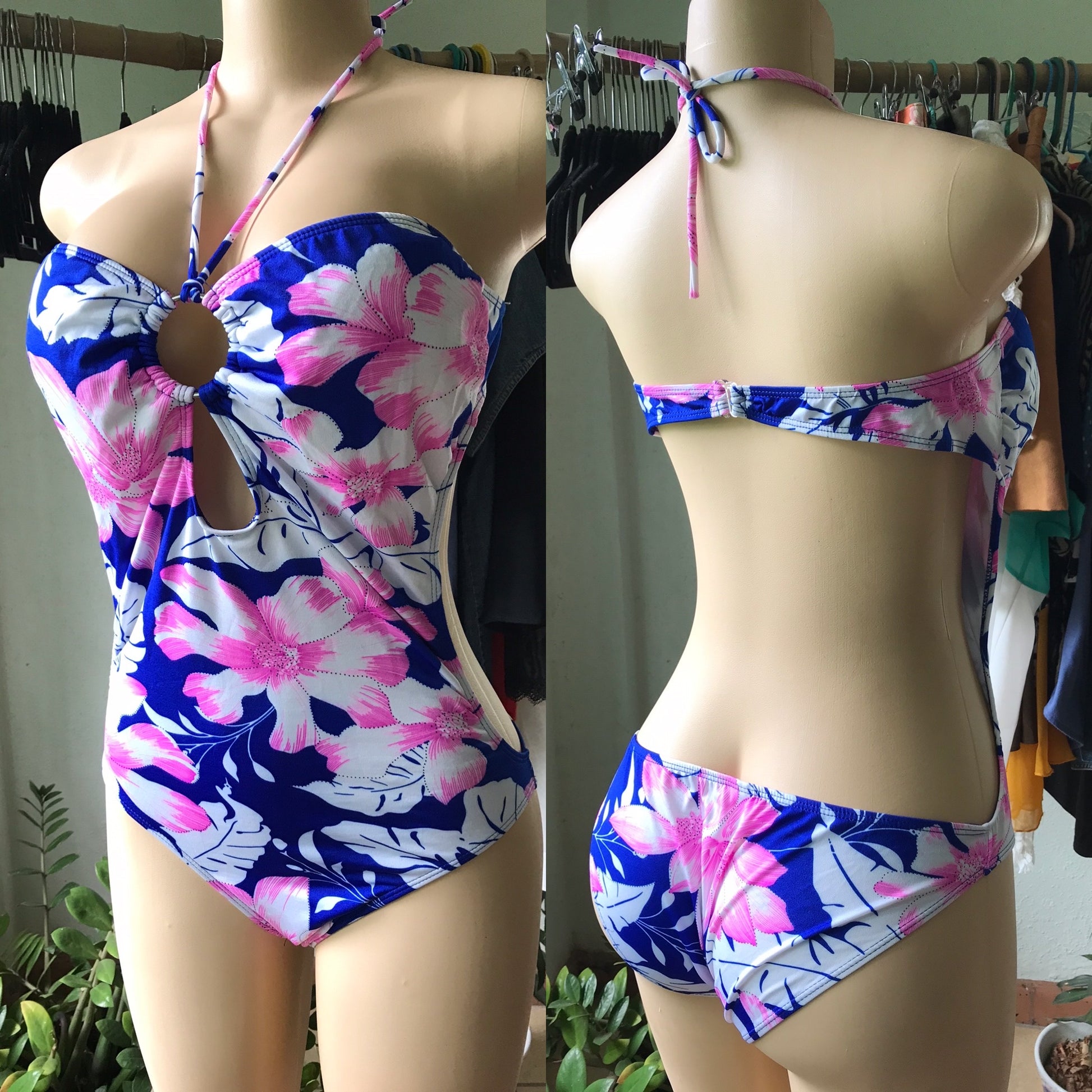 New Blue & Pink Flower One Piece Swim Suit