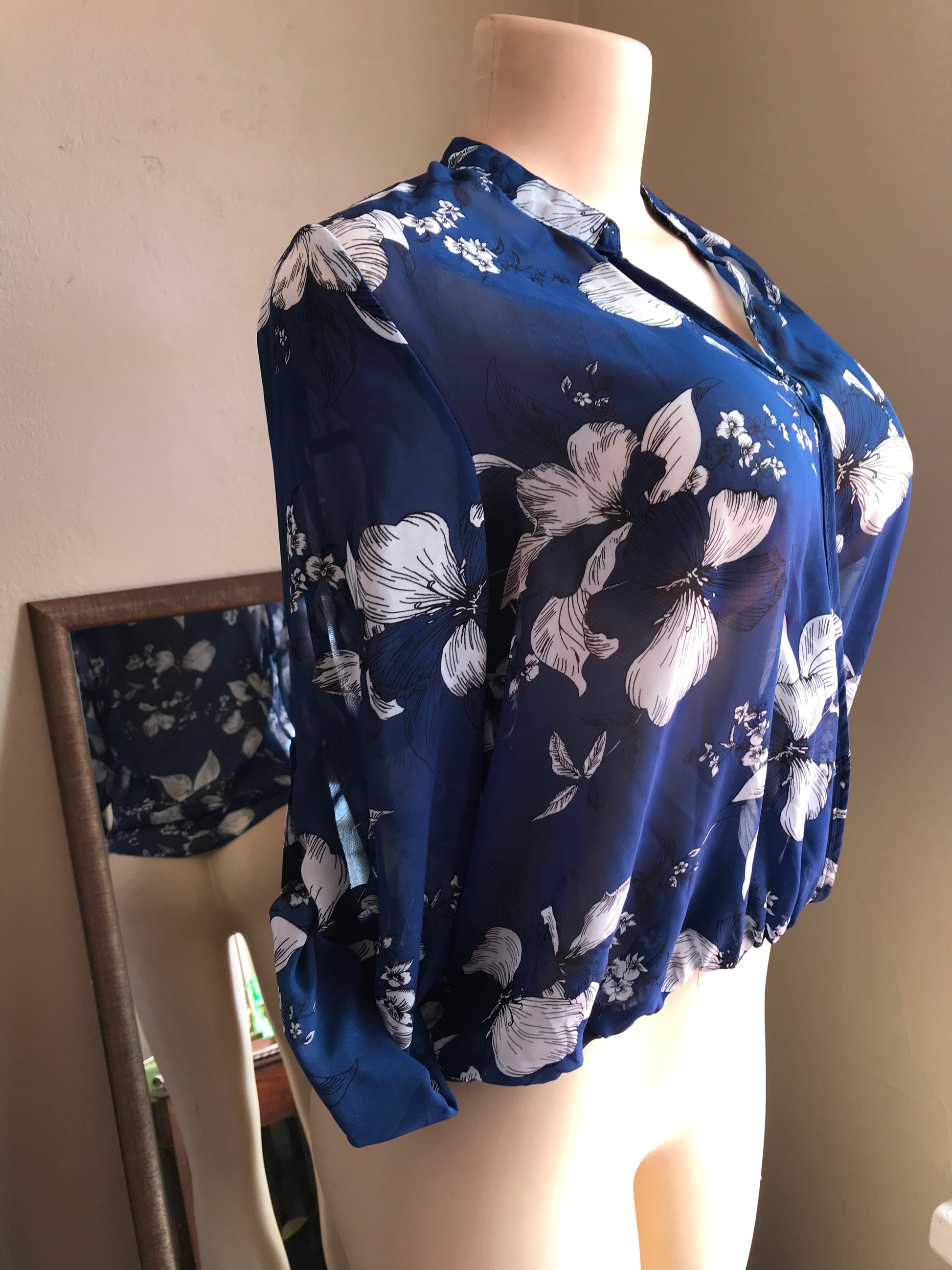 Navy Sheer Floral Blouse V Cut