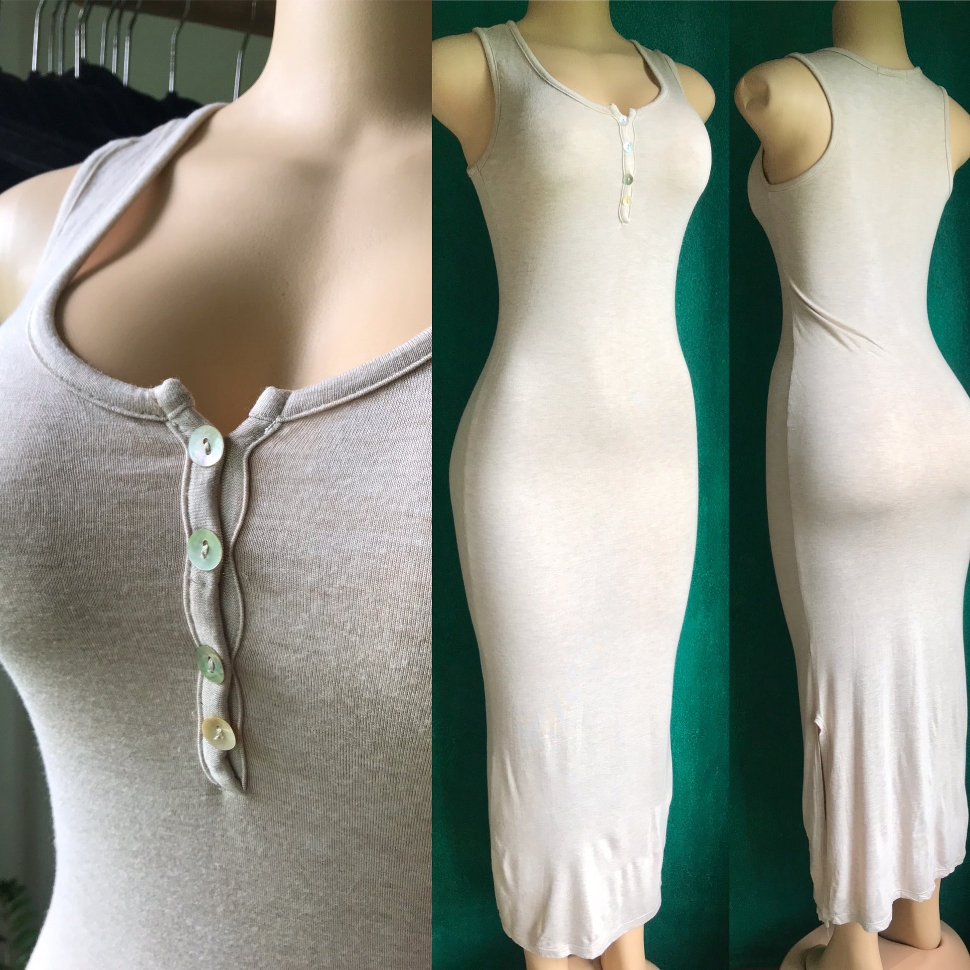 Nude Bodycon Maxi Dress Abalone Buttons Soft Slits