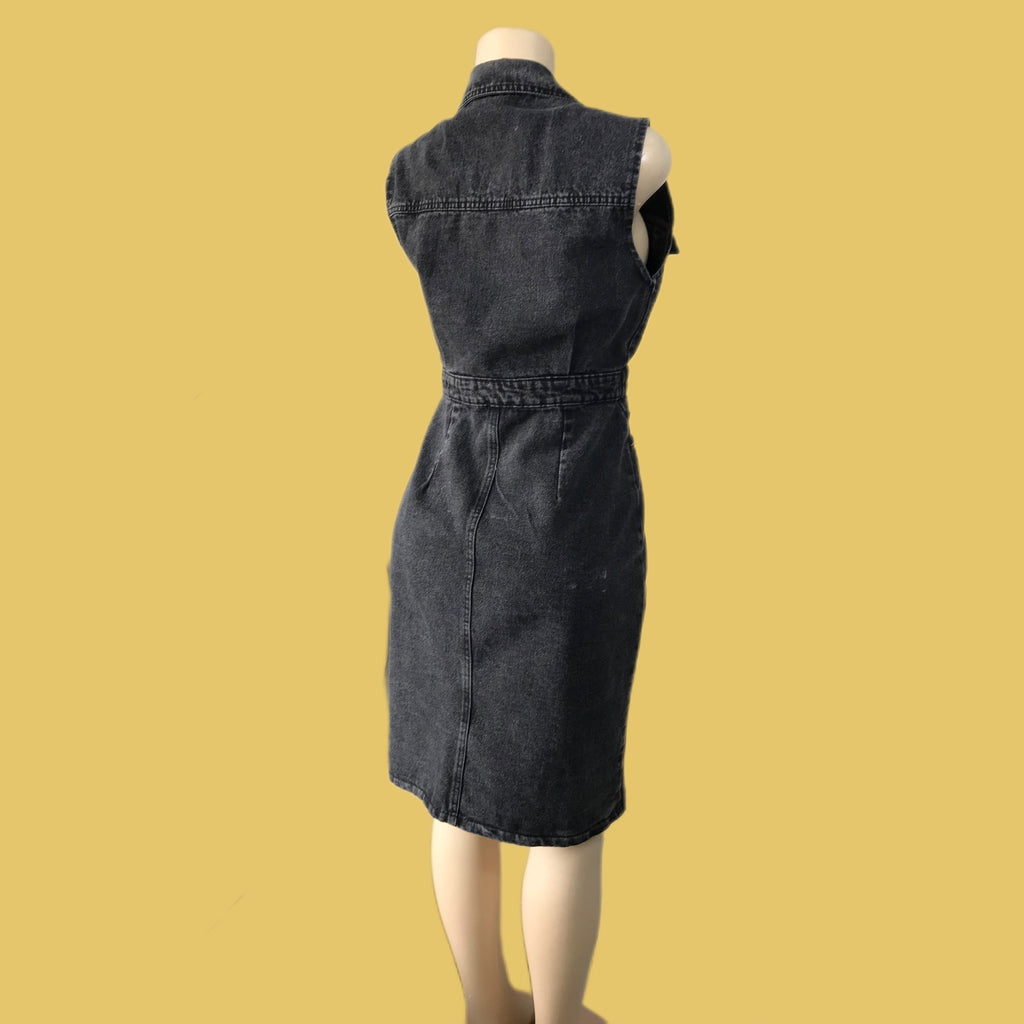 90s Denim Button Front Midi Dress Charcoal - S