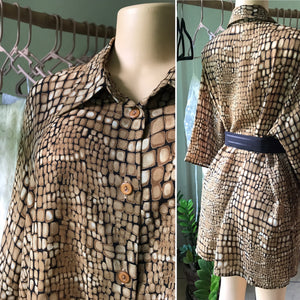 Vintage Oversized Sheer Pattern Blouse Brown Snakeskin