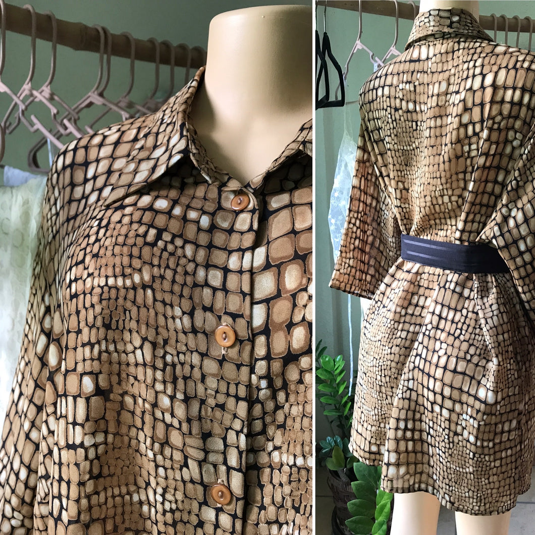Vintage Oversized Sheer Pattern Blouse Brown Snakeskin