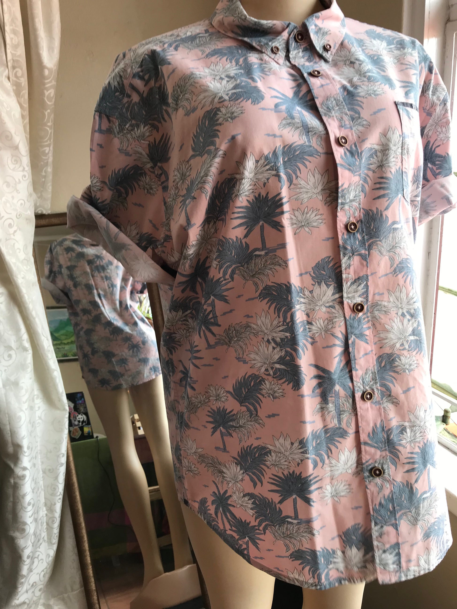 Pink Button Shirt Palm Print Mens XL