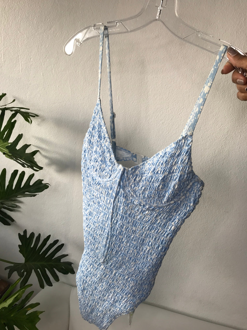 NEW Tag One Piece Swim Suit Pastel Blue Ruche - M