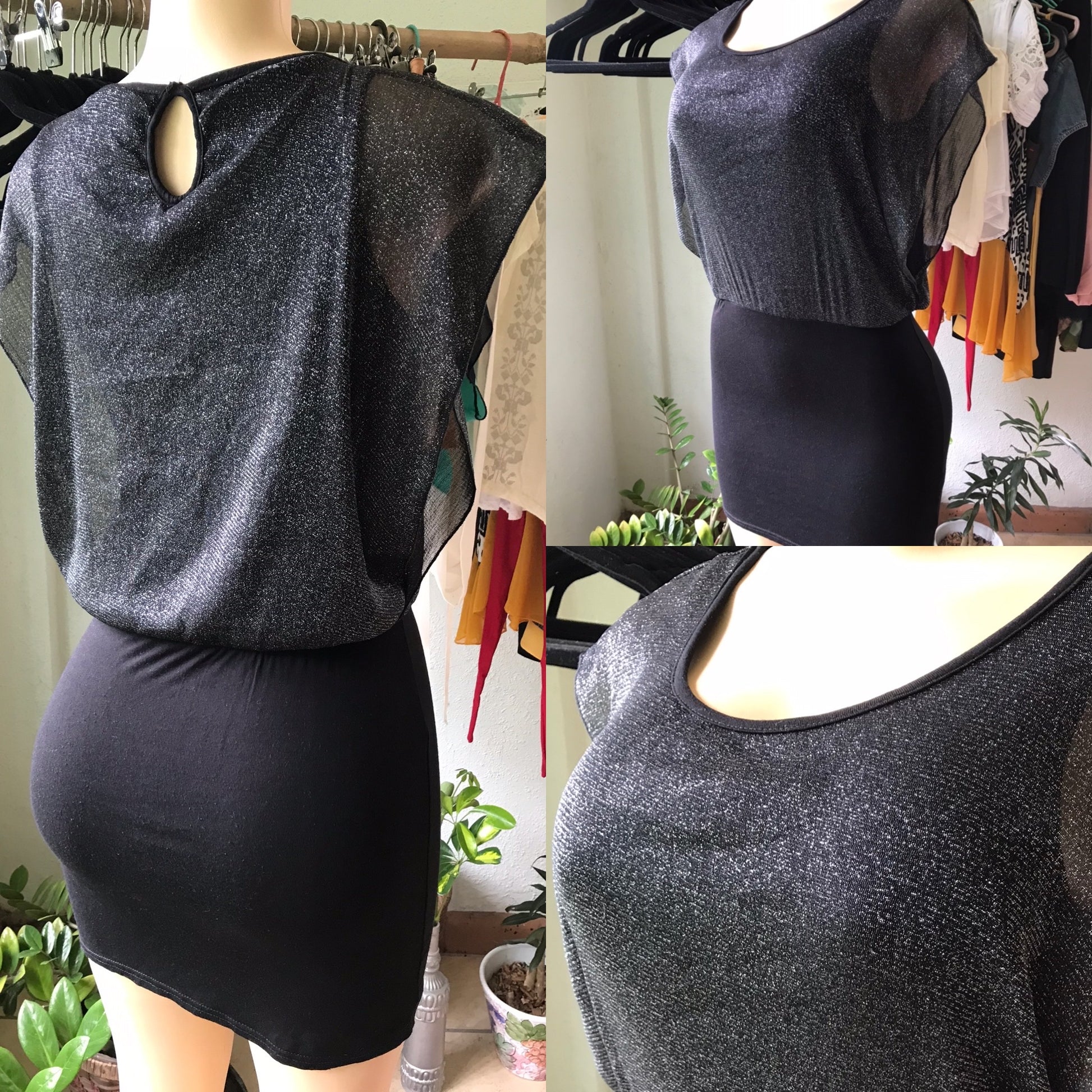 Black & Silver Glitter Kimono Sleeve Cocktail Dress