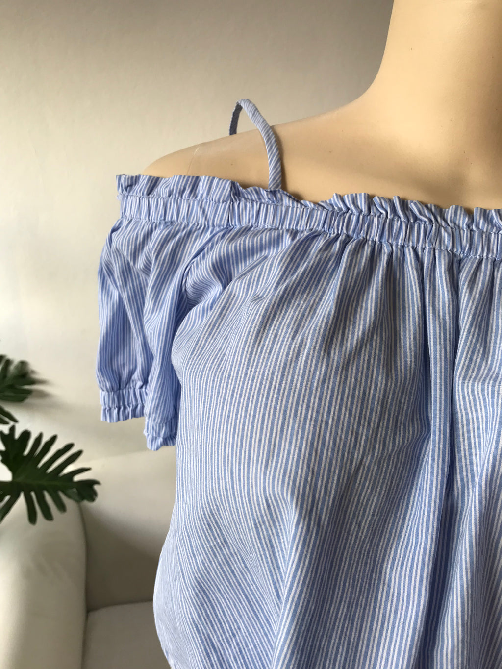 Blue Cotton off the Shoulder Stripe Blouse ...