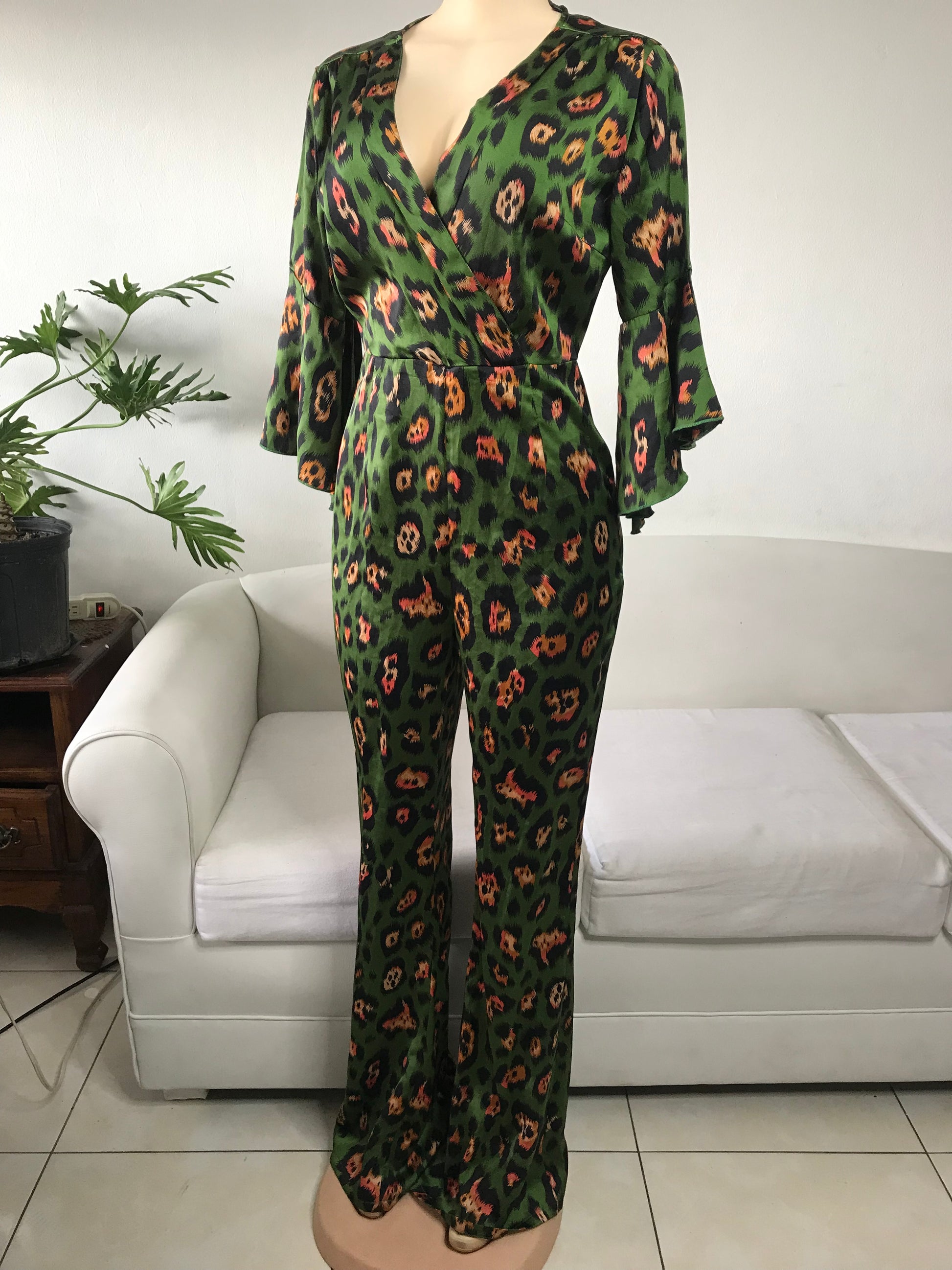 Green Silky Cheetah Bell Sleeve Occasion Jumpsuit / Romper  - S-M ~~~